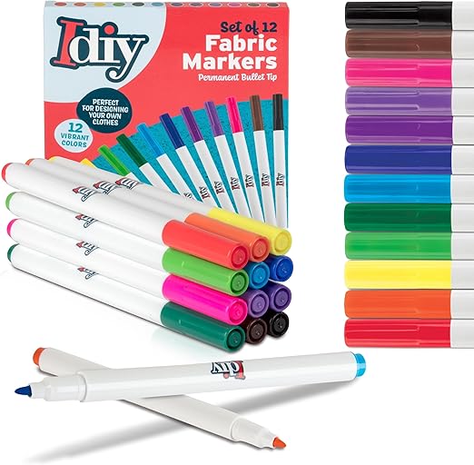 Fabric Markers (12 Colors) Permanent Coloring DIY Paint Pens- Paint Pens Kit w/ Fine Bullet Tip for Clothes & Fabric- Fade Proof & No Bleed, Child Safe, Non-Toxic, Arts & Crafts Summer Camp Activity