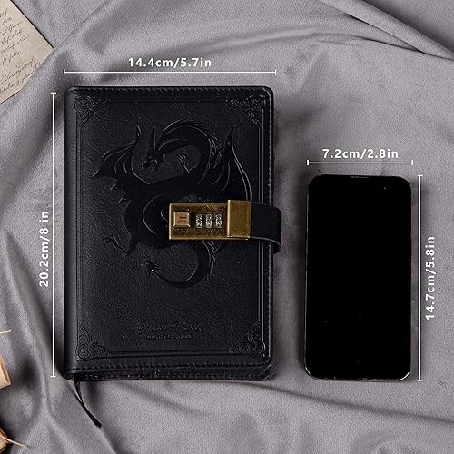 Vista 2 de Dragon - Diario de cuero, cuaderno de tapa dura, diario recargable con cerradura, diario de escritura en papel en línea/en blanco con cerradura