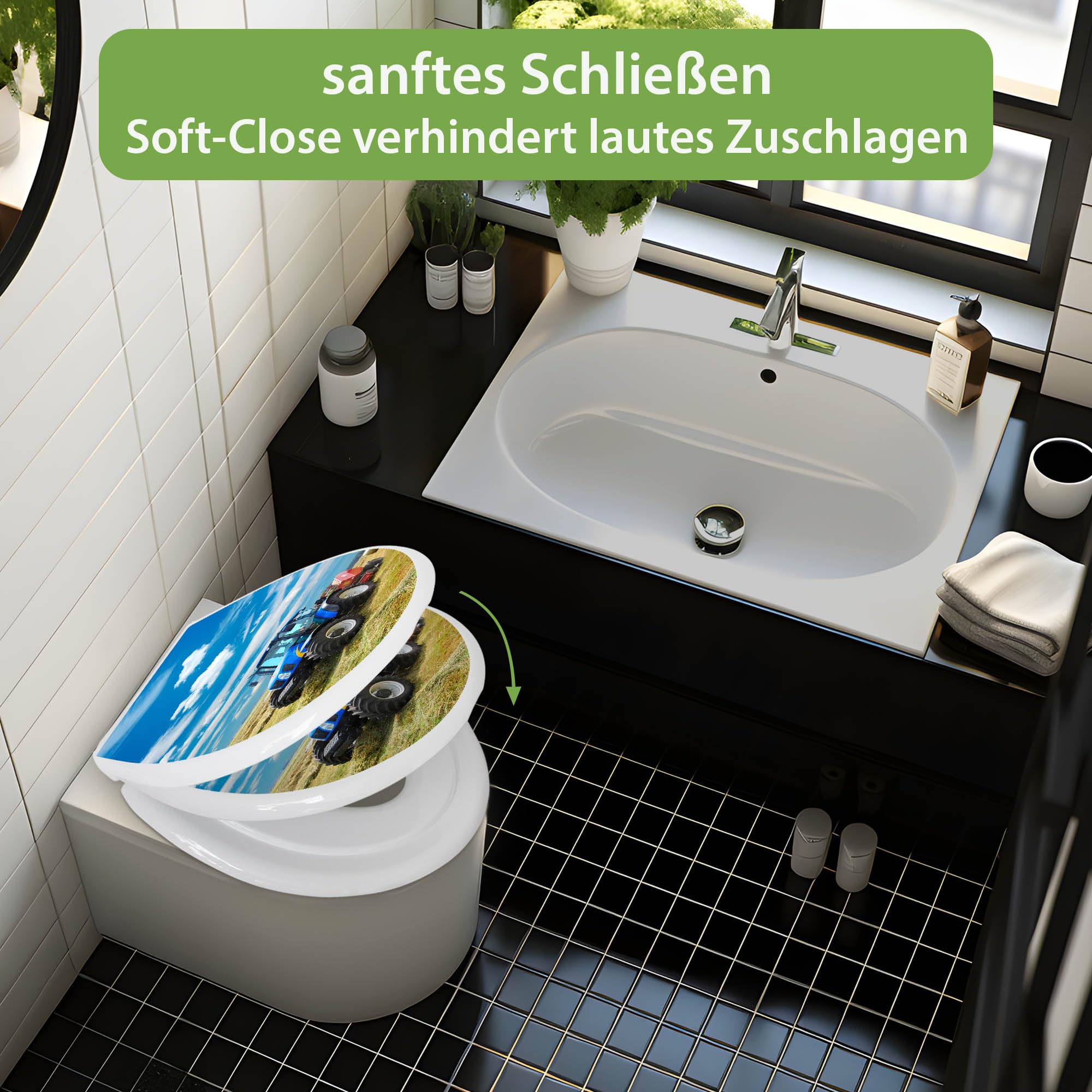 banjado Familien WC Sitz mit Absenkautomatik 44,9x37,1cm - Klobrille mit Kindersitz aus hochwertigem Polypropylen - Toilettendeckel mit Kinder Toilettensitz integriert - Motiv Traktor