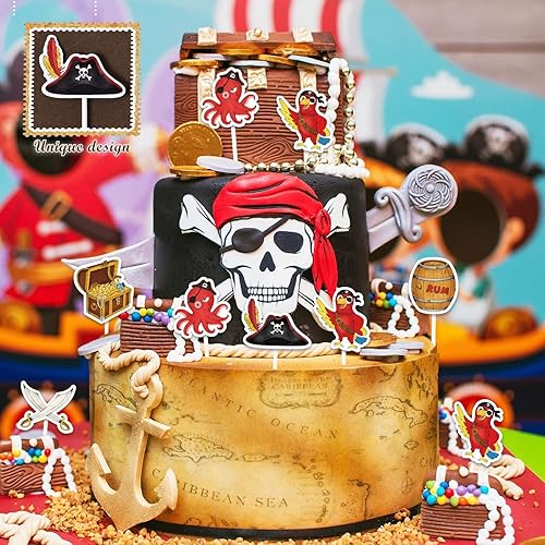 Miniatura 6 de WERNNSAI 49 adornos para cupcakes piratas, decoraciones de fiesta de cumpleaños pirata, decoración de loro pirata, decoración para tartas del día de