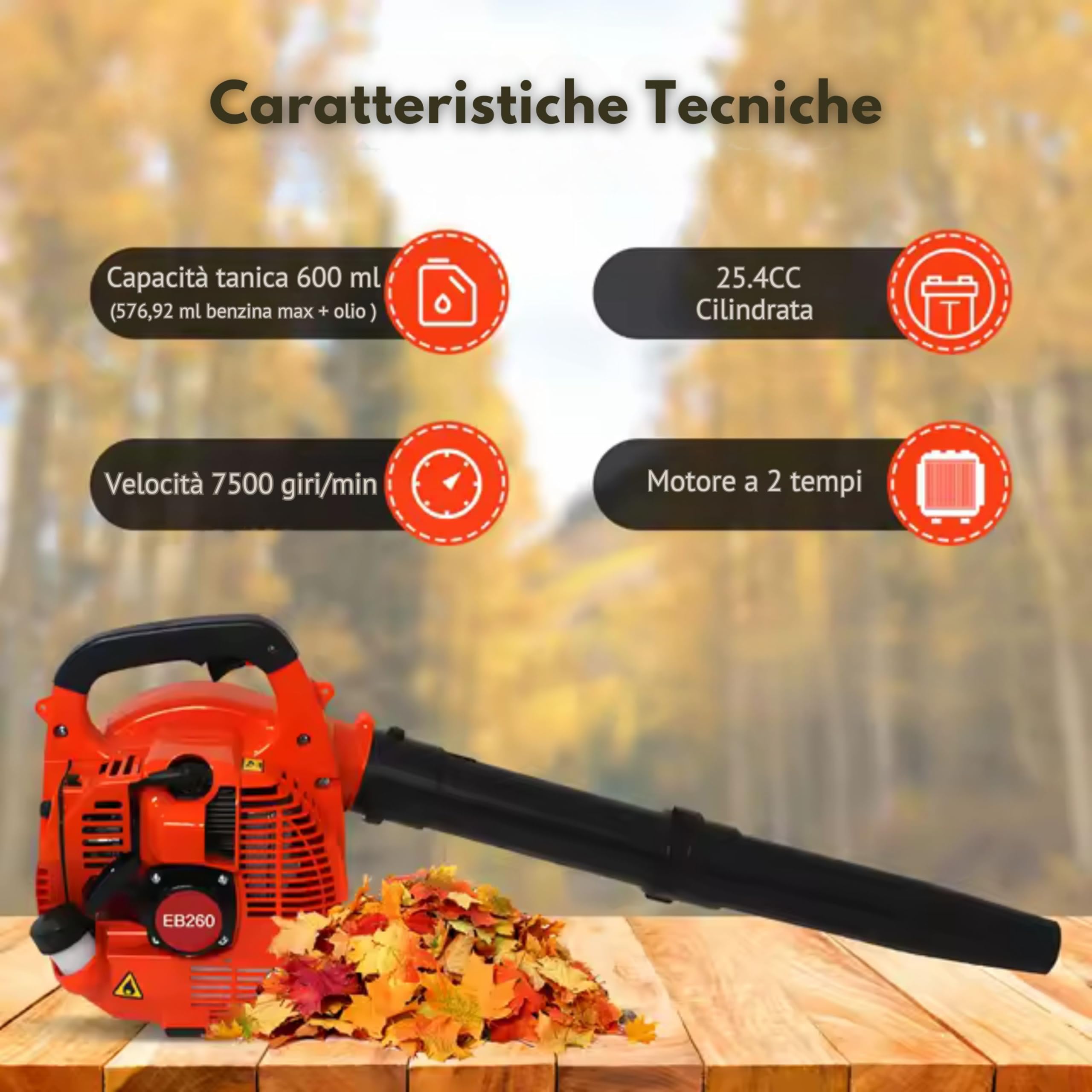 CLICLED Soffiatore a Scoppio Motore Benzina 26cc 2 Tempi per Pulizia Giardino Vialetti Foglie e Detriti Attrezzo da Giardinaggio EB260