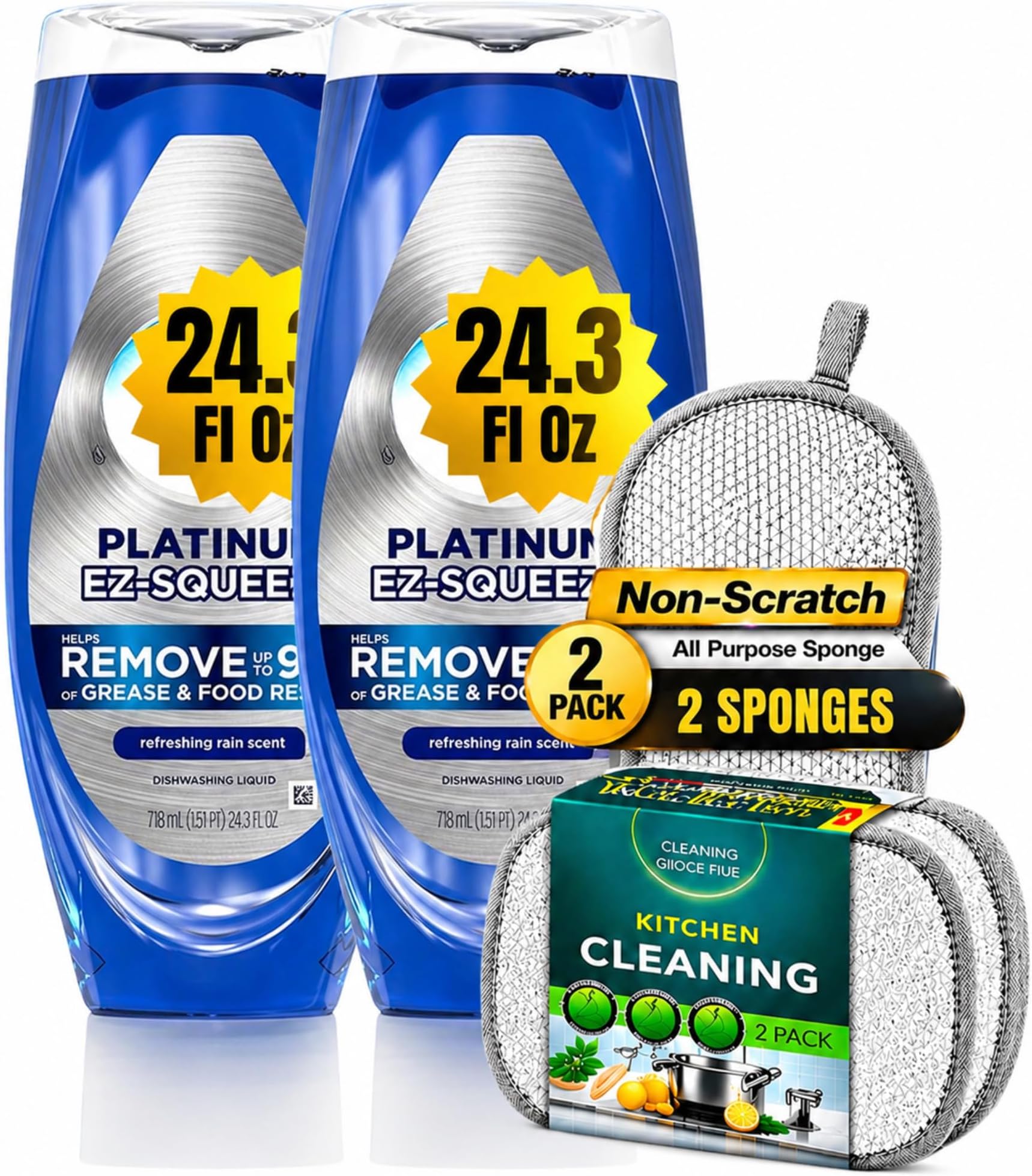 Dish Soap Cleaning Bundle Kit, Includes 24.3 oz Liquid Dish Soap (2 Pack) Compatible with Dawn Platinum EZ Squeeze, 2 Dual-Sided Scrubbing Sponges, Kitchen Cleaning Set