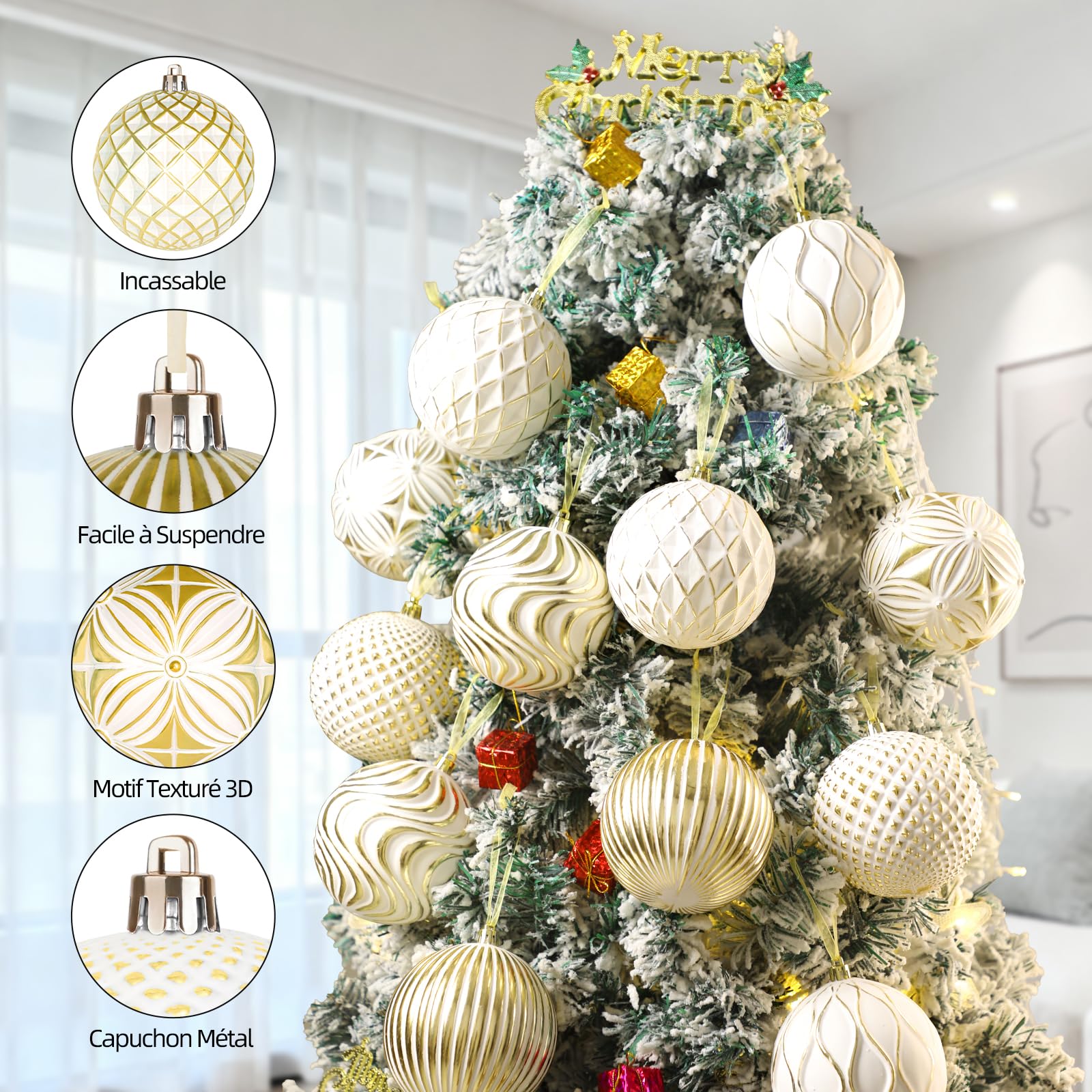 Lanpn 12 Pcs 10cm Grosse Boule de Noel Exterieur, Geante Boules Sapin Noël Plastique Incassables, Grande Boule Arbre en Motifs Relief Fil Suspension, Décoration Jardin Fêtes Patio, Blanc & Or
