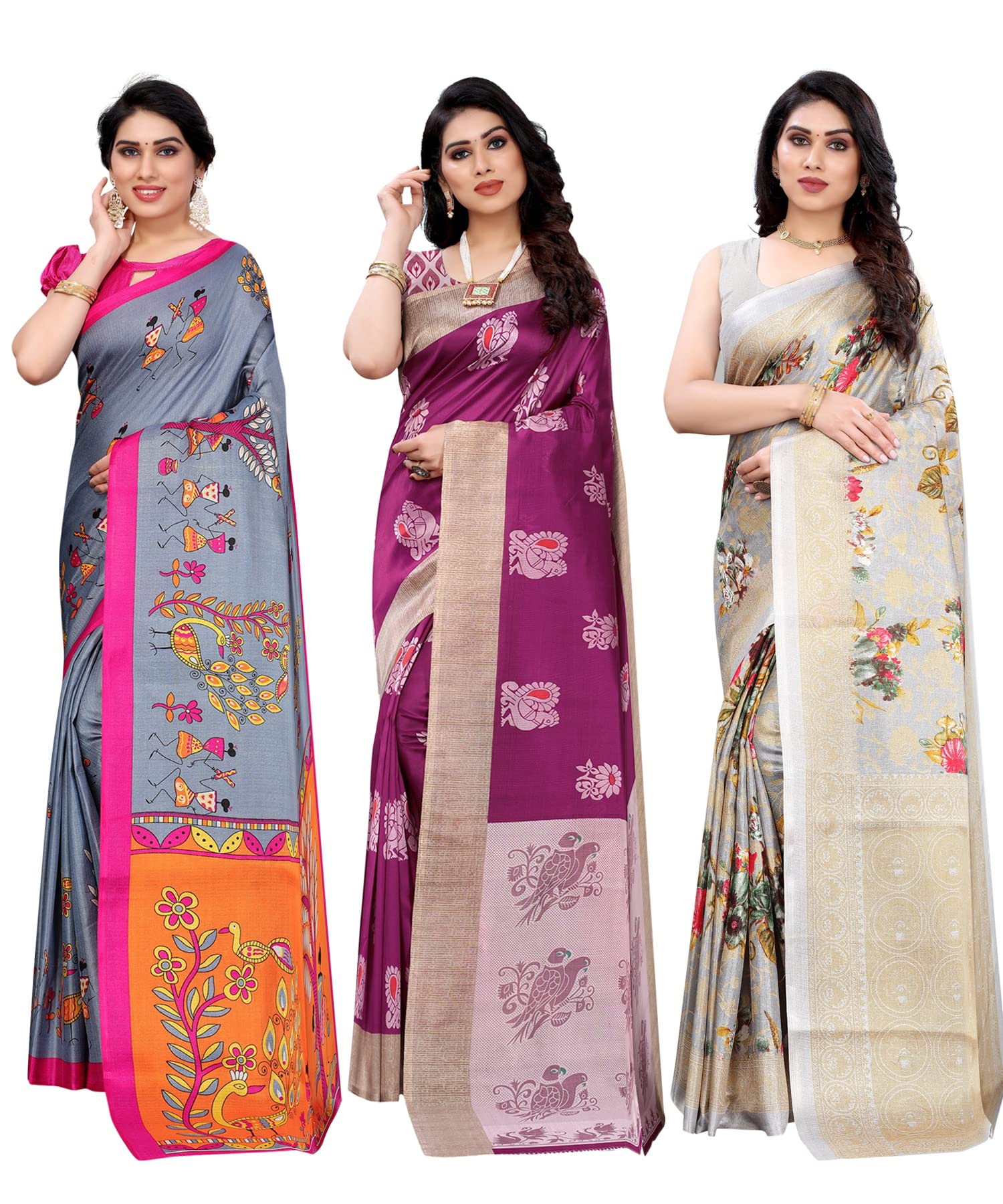 yashika Women's Combo Art Silk Saree With Blouse Piece - Pack Of 3(DANDIYA GREY-KESAR WINE-PUDINA GREY)-picture-27