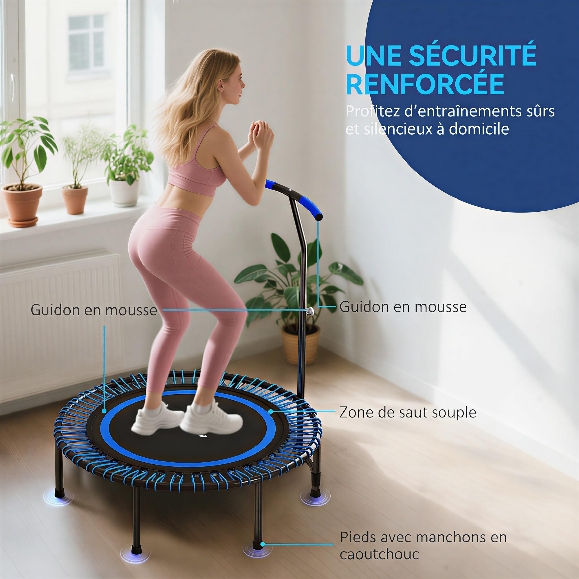 SPORTNOW Trampoline de Fitness 114 cm avec poignée réglable 5 Positions, Cordes élastiques, Trampoline Adulte Stable et Silencieux pour entraînement intérieur, Charge 200 kg, Bleu