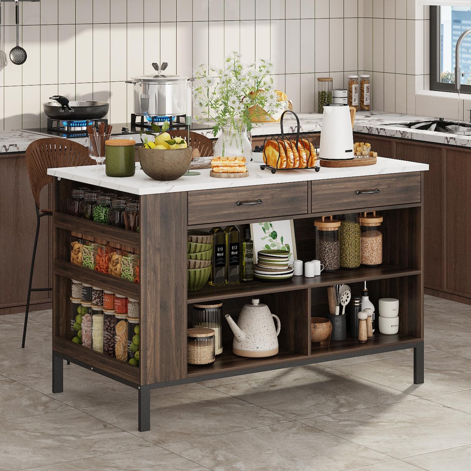 55" W Kitchen Island with Storage, Island Table with Marble Grain Countertop, 2 Drawers & 6 Shelves for Kitchen Dining Room, Brown Wood Grain & White