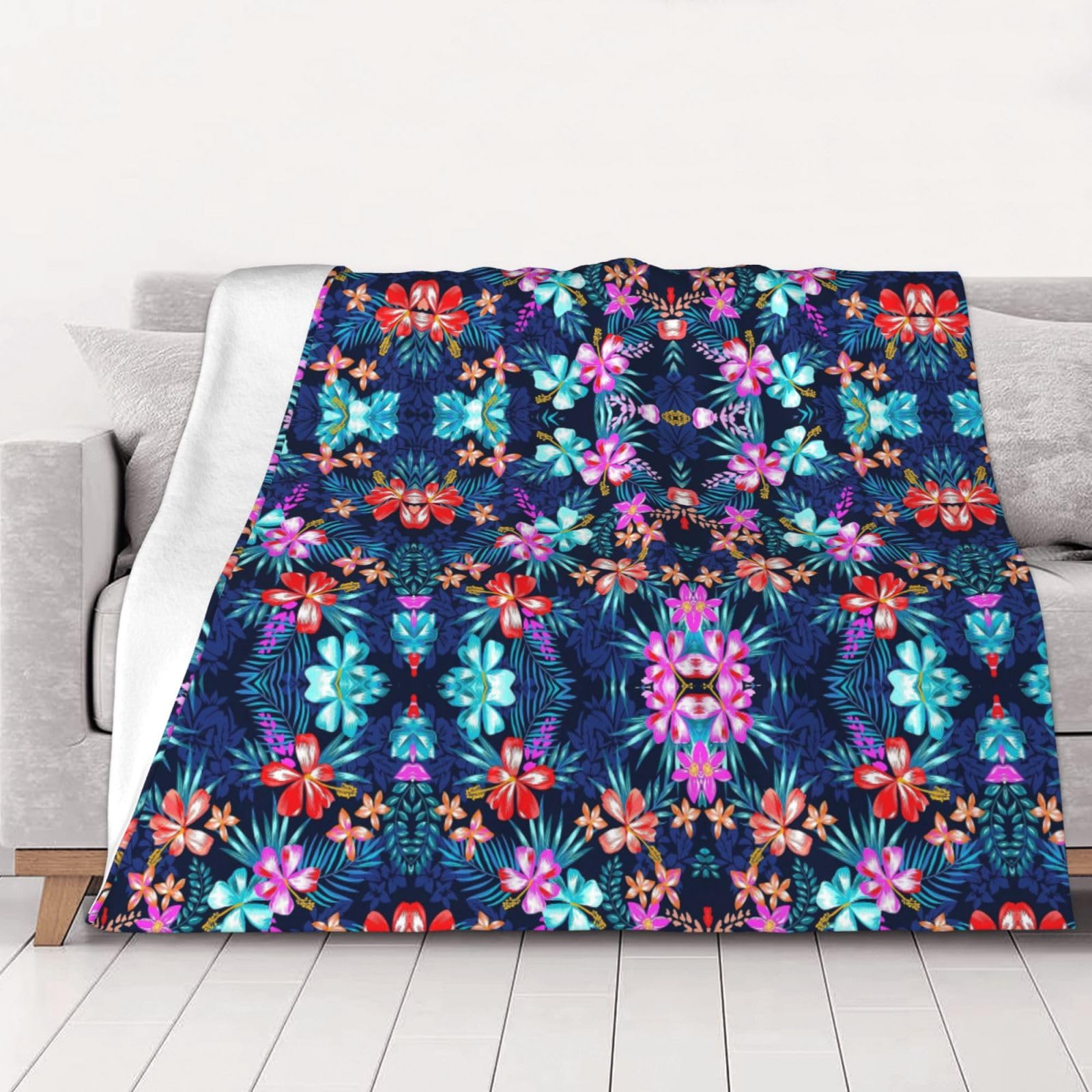 Couverture super douce lit canapé motif floral bleu 152x203 cm lavable toutes saisons