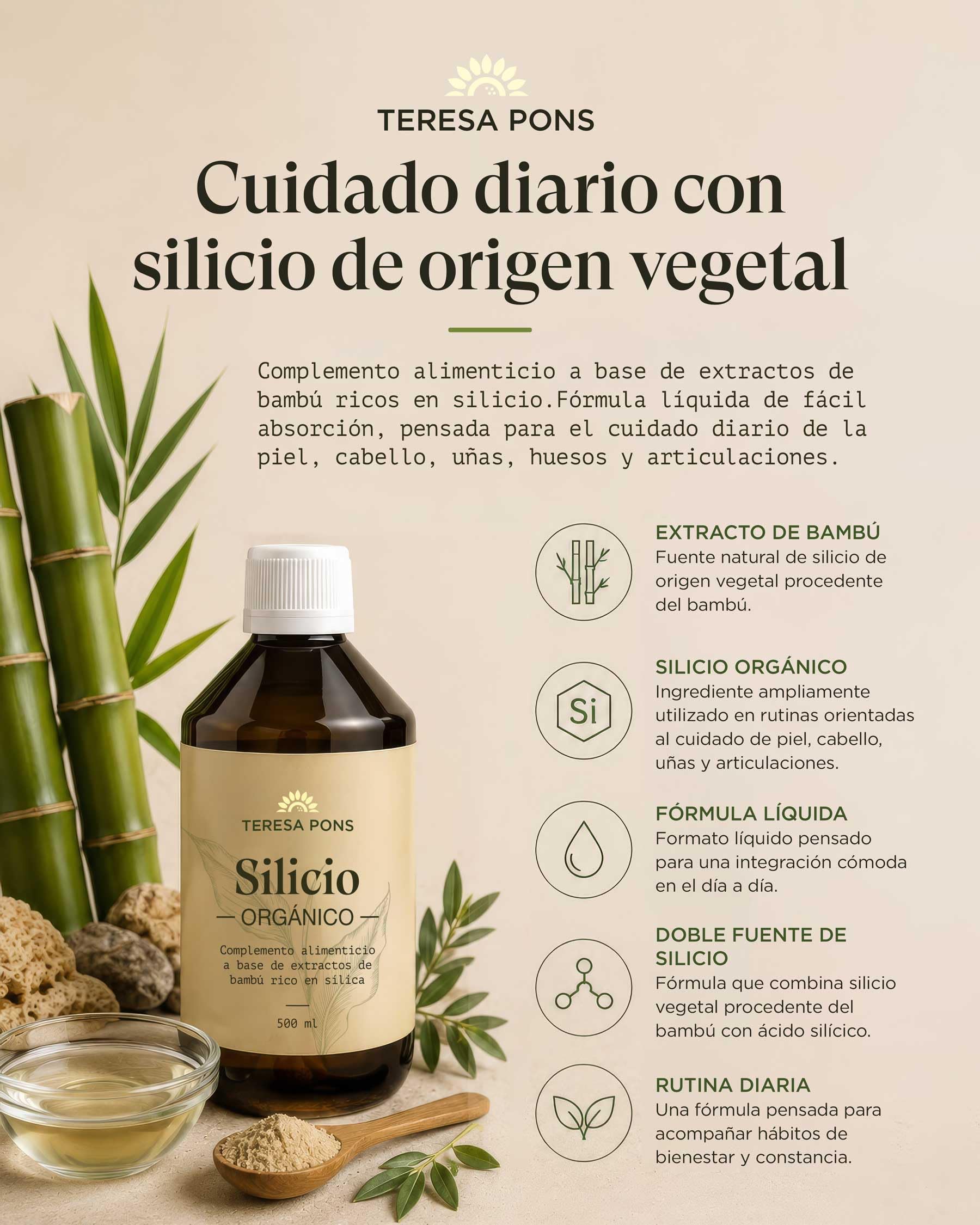 Silicio Orgánico | Apoyo a huesos, articulaciones, piel y cabello | Con MESOPOROSIL® (ácido ortosilícico) y bambú rico en sílice | 500 ml