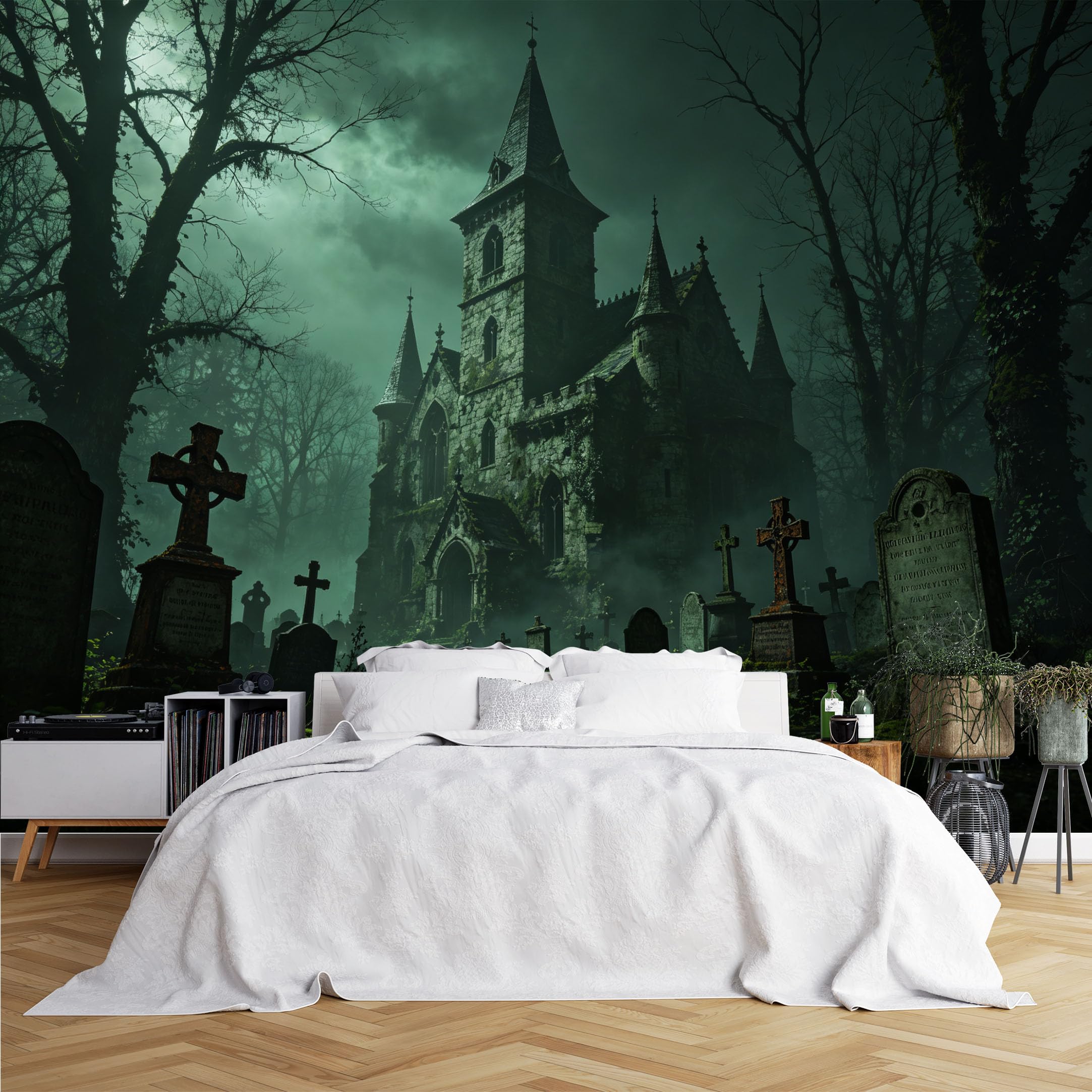 Lcythiazole Ch260615025 Custom Size Wall Murals Spooky Night Church Cemetery Wall Murals Wall Stickers Wallpaper Self-Adhesive Removable Wallpaper For Halloween Bar Bedroom