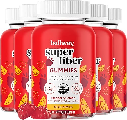 Bellway Gomitas de fibra súper para adultos (paquete de 5) Gomitas de suplemento de fibra orgánica sin azúcar con 0.11 oz de fibra por porción