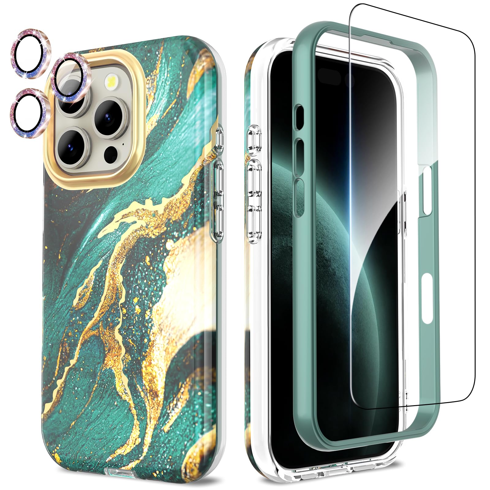 SHEDEER for iPhone 16 Pro Case with Glitter Camera Protector + Screen Protector, Chic Anti-Yellowing Pattern, Shockproof Drop Protection Anti-Scratch Phone Cover 16 Pro 6.3'', Dreamy Green