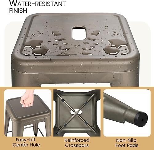 Miniatura 5 de Yaheetech - Juego de 4 taburetes de metal de 24 pulgadas, taburetes de altura de mostrador sin respaldo, sillas de bar apilables industriales con