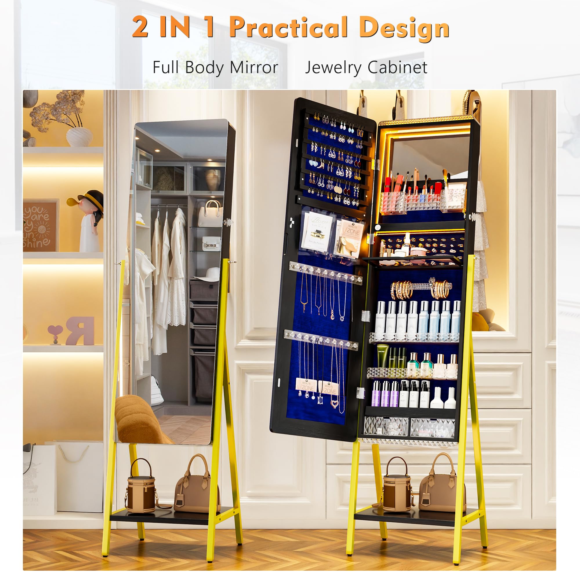 Lvifur Armoire à Bijoux avec Miroir, Armoire de Maquillage Verrouillable Rotative à 360 Degrés avec Plusieurs Compartiments Noir