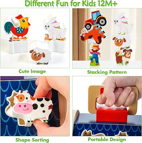 Miniatura 4 de Juguetes de animales de granja para niñas de 1, 2 y 3 años, juguete de madera para llevar con puerta, clasificador de formas, bloques de madera,