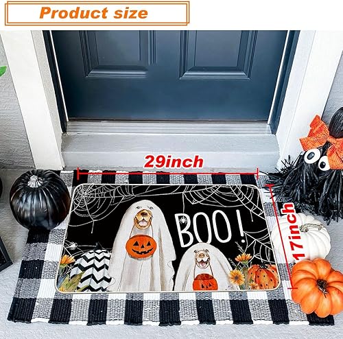 Miniatura 3 de Baccessor Tapete de Halloween Boo para perro, diseño de tela de araña, calabaza, puerta delantera, antideslizante, parte trasera de goma