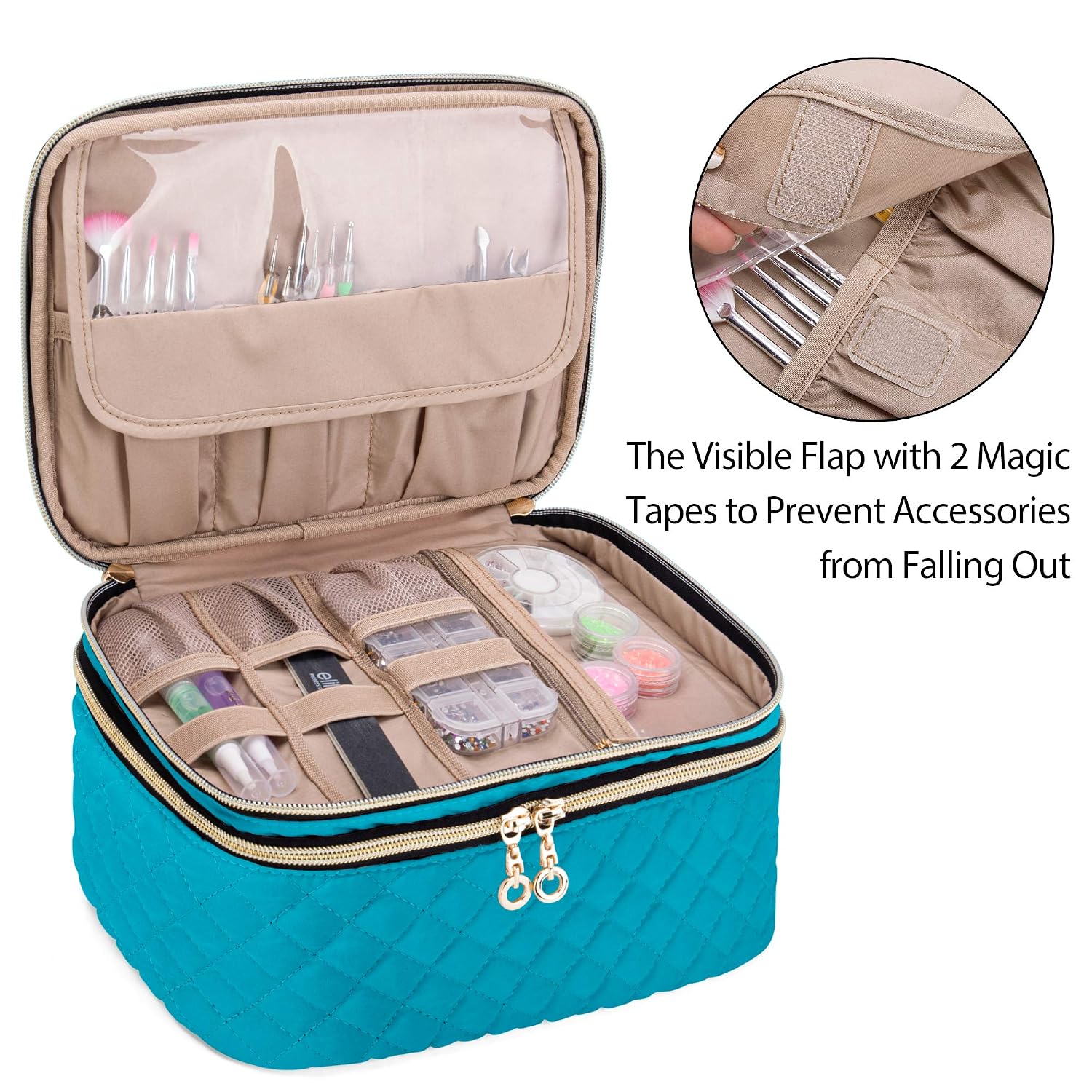 YARWO Double Layer Nail Polish Organizer Case, Portable Storage Bag for 24 Bottles (15ml/0.5 fl.oz) Nail Polish and Nail Art Accessories, Teal (BAG ONLY)