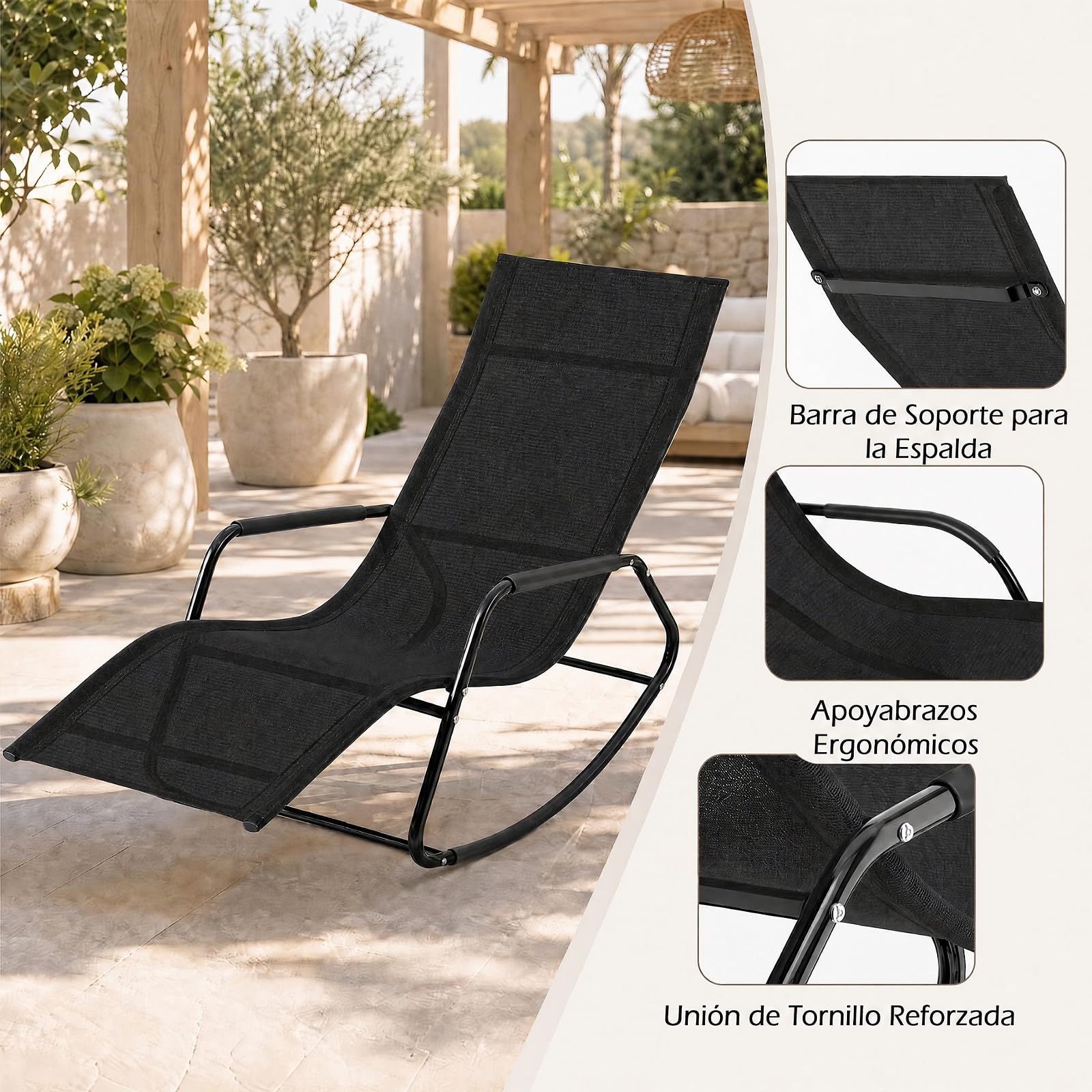 GOPLUS Tumbona Mecedora de Jardín, Carga 160 kg, Silla Balancín para Exterior con Tejido Transpirable, Reposabrazos Curvos, Reposacabezas Desmontable, para Balcón, Terraza (Negro, 57x143x86 cm)