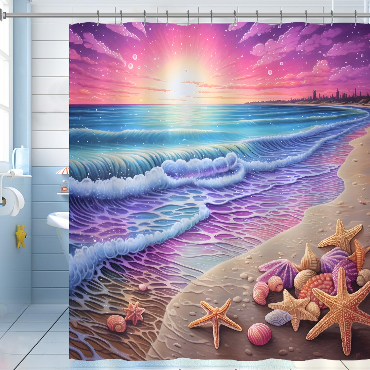 Purple Sunrise Beach Shower Curtain Coastal Seashell Ocean Shower Curtain for Bathroom 72x72 Inch Waterproof Fabric Bathroom Curtain with 12 Hooks Sunset Seafoam Bath Curtain Bathtub Decor