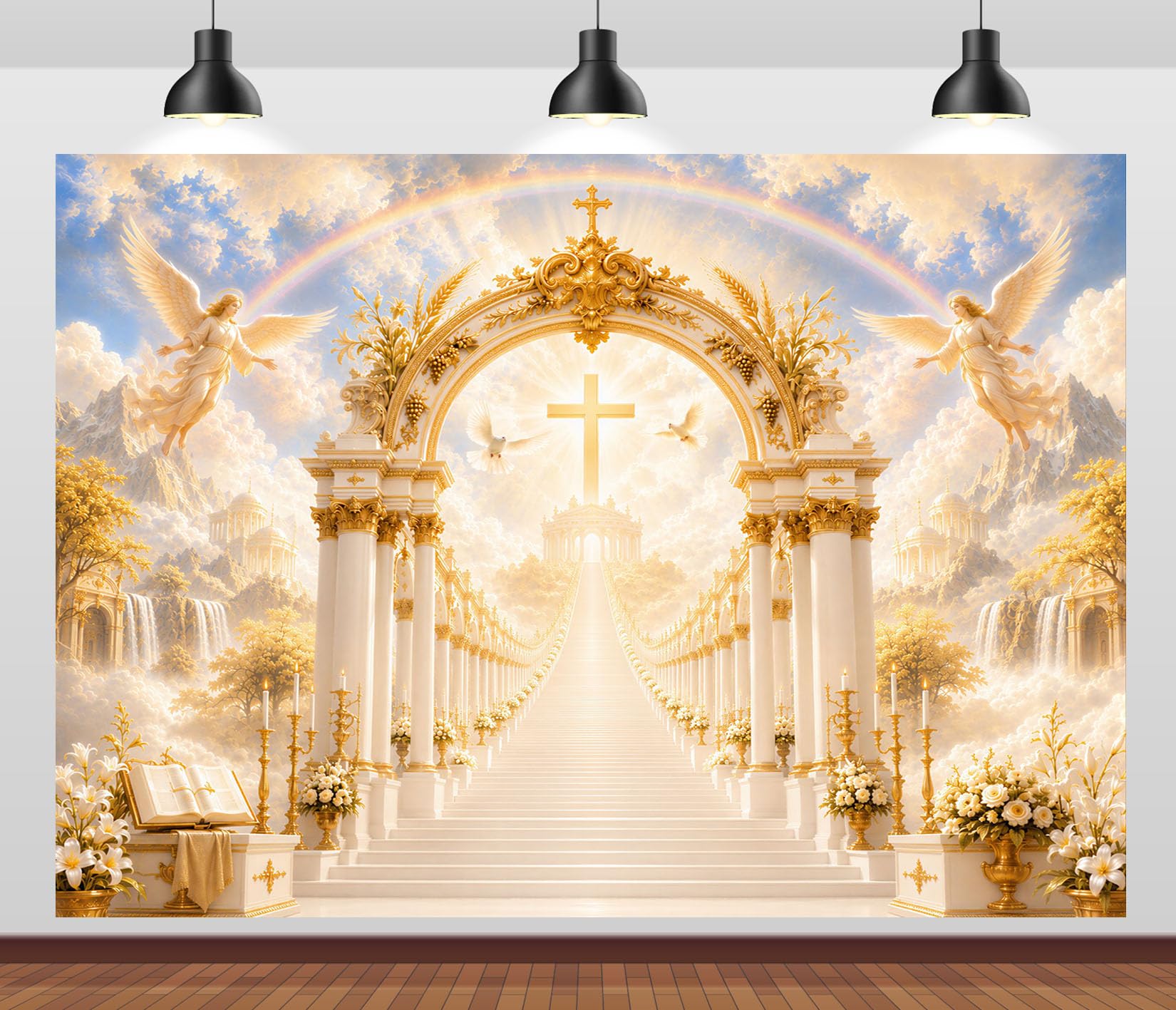 10x8FT (3x2.5m) Porta Del Cielo Arcobaleno Sfondo Fotografico | Arco Angelico Fondale In Tessuto Resistente,Portale Dorato Arcobaleno E Cascate,Feste Religiose,Personalizzabile,Photo Booth