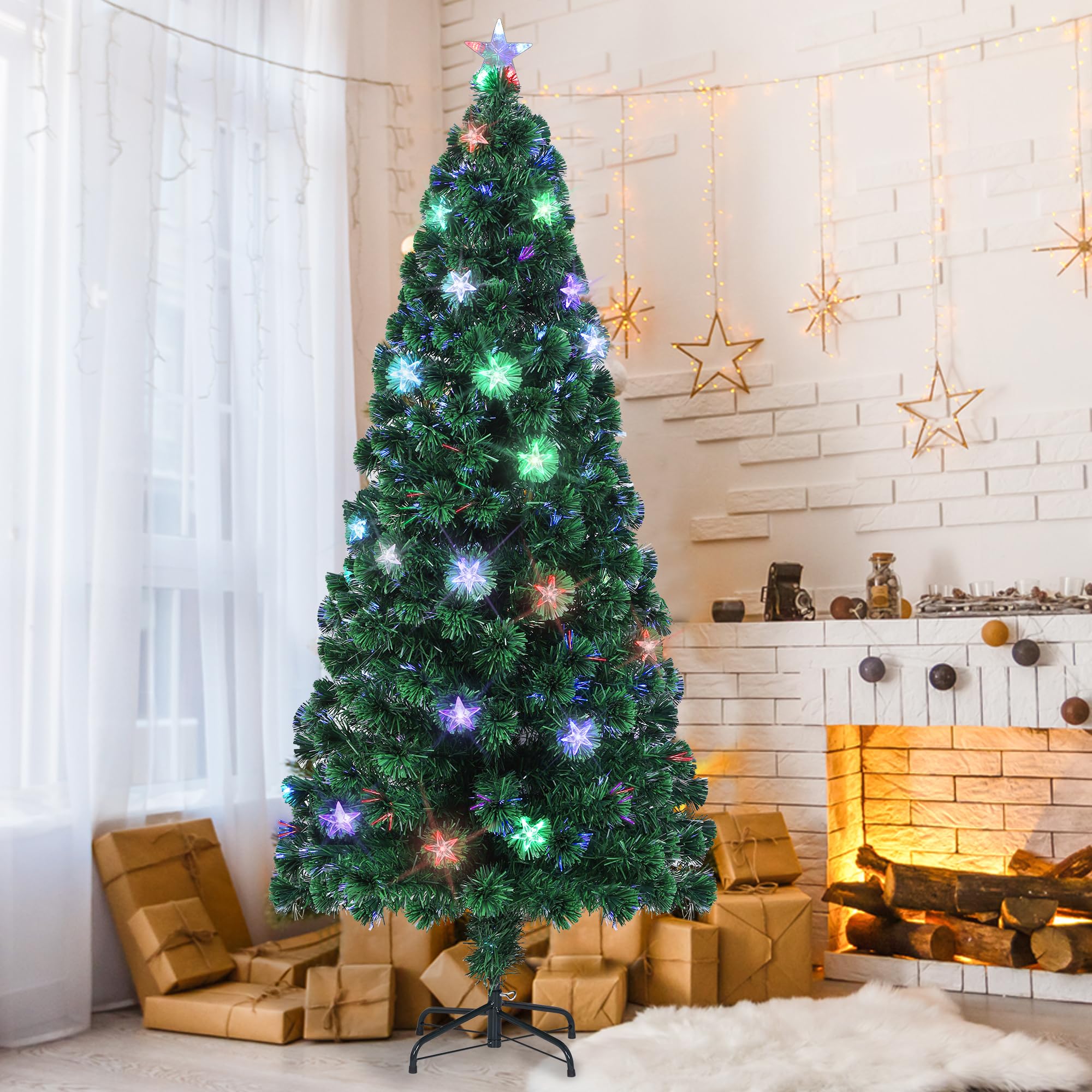 6 FT Pre-Lit Fiber Optic Christmas Tree,Lighted Artificial Tree with RGB Color Changing LED Lights and Stars,Xmas Tree Decoration for Home,Office,Indoor,Party