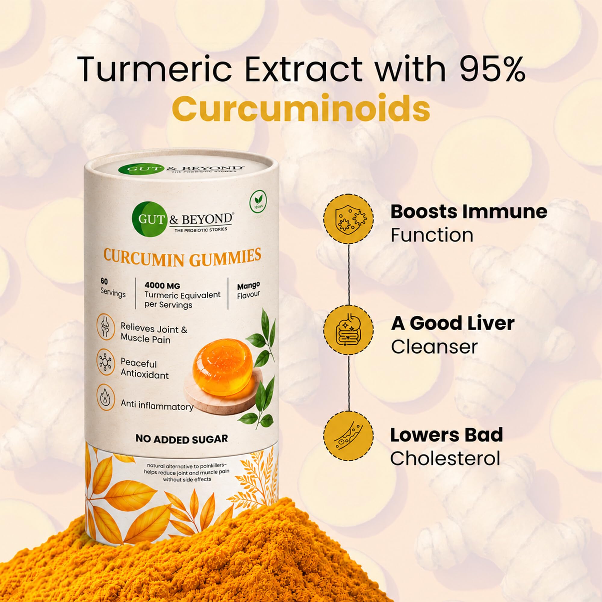 Gut and Beyond Turmeric Curcumin (1 Month - 60 Gummies) | 95% Curcuminoids for Maximum Bioavailability | Anti-Inflammatory Support | Joint, Liver, Skin and Brain Health | Mango Flavour — Amazon image 4