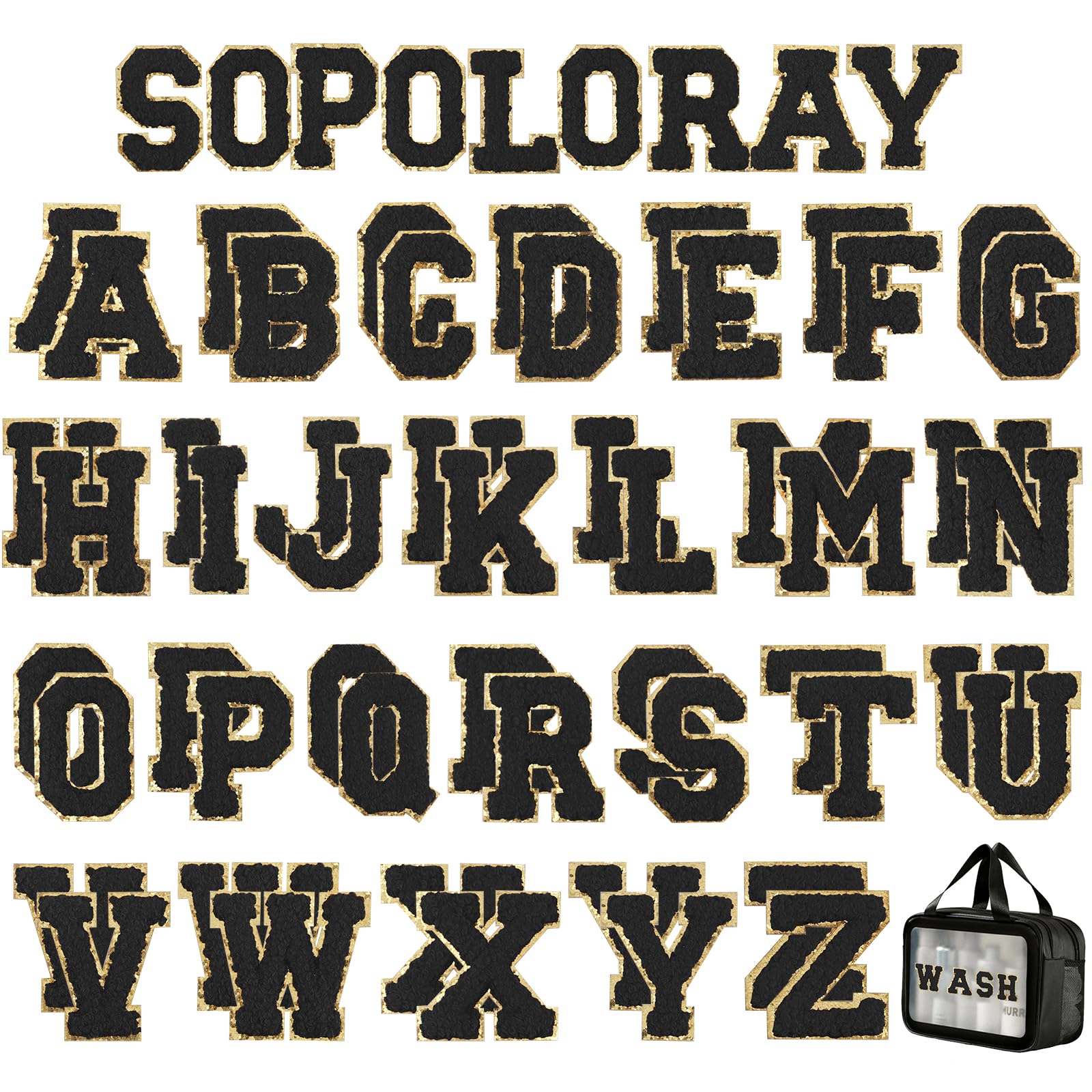 52 Pcs Self-Adhesive Chenille Letter Patches A to Z, Black Iron-On Alphabet Applique Stickers for DIY Clothing, Backpacks, Hats, Shoes, Jackets & CraftsApplique