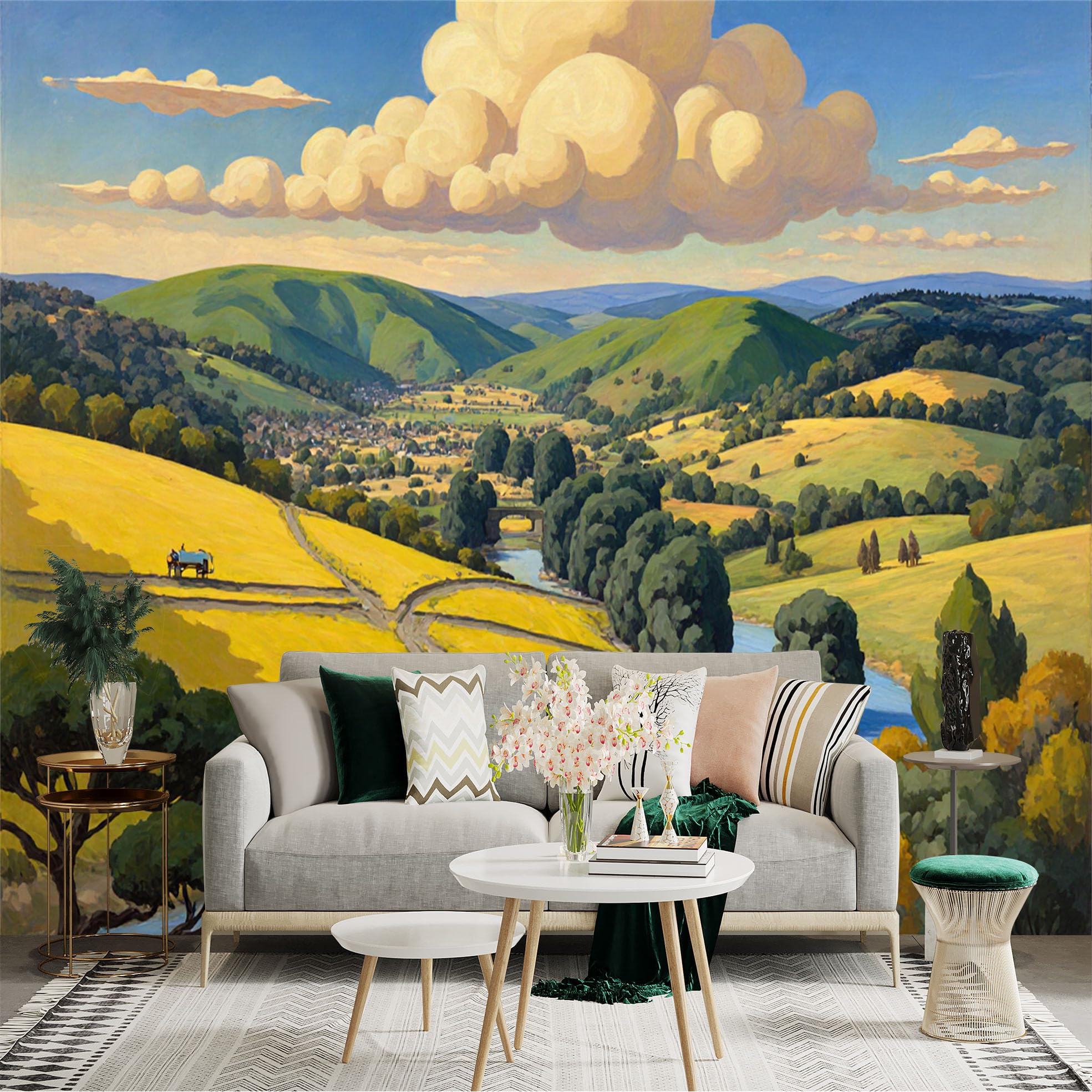 Lnzczhyre Xc260505855 Custom Size Wall Sticker Mural， Scenic Countryside Landscape With Rolling Hills， Lush Green Valley， Winding River And Large Clouds， For Wall Decoration， Peelandstick Wall Decals.