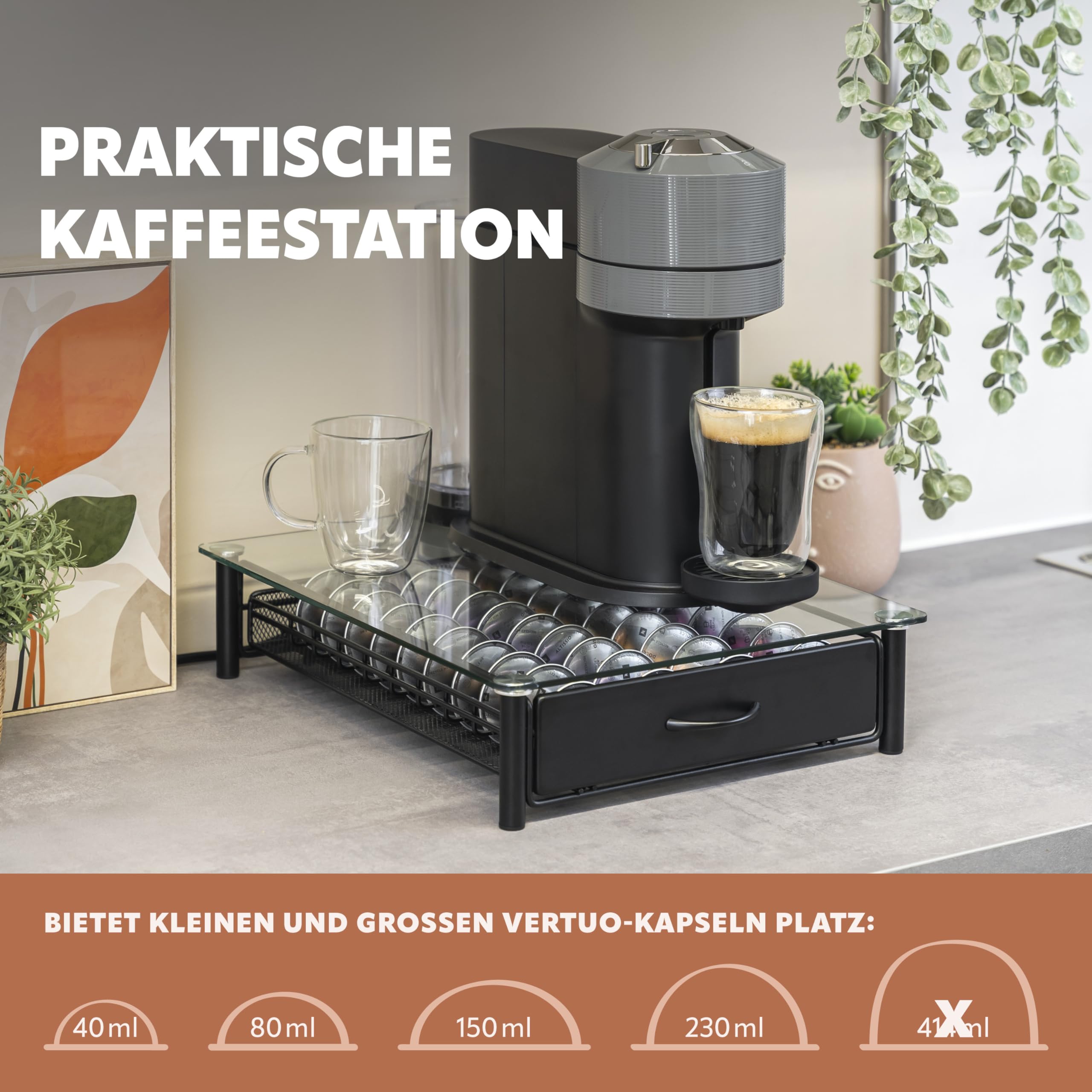 eluno Soporte para 40 cápsulas Nespresso Vertuo, cajón, soporte para máquina de cristal de metal y placa de cristal, caja de cápsulas de café, dispensador de cápsulas (transparente)