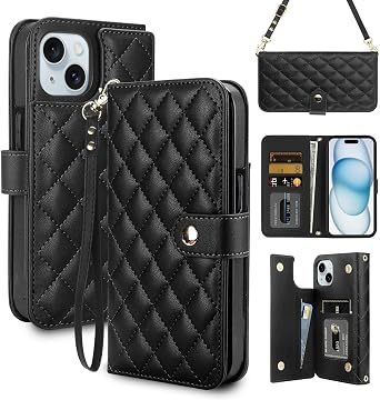 Vofolen for iPhone 15 Wallet Case with Card Holder Crossbody Wrist Strap Leather Flip Case with Magnetic Clasp Kickstand Heavy Duty Protective Wallet Phone Case for iPhone 15 for Women, Black