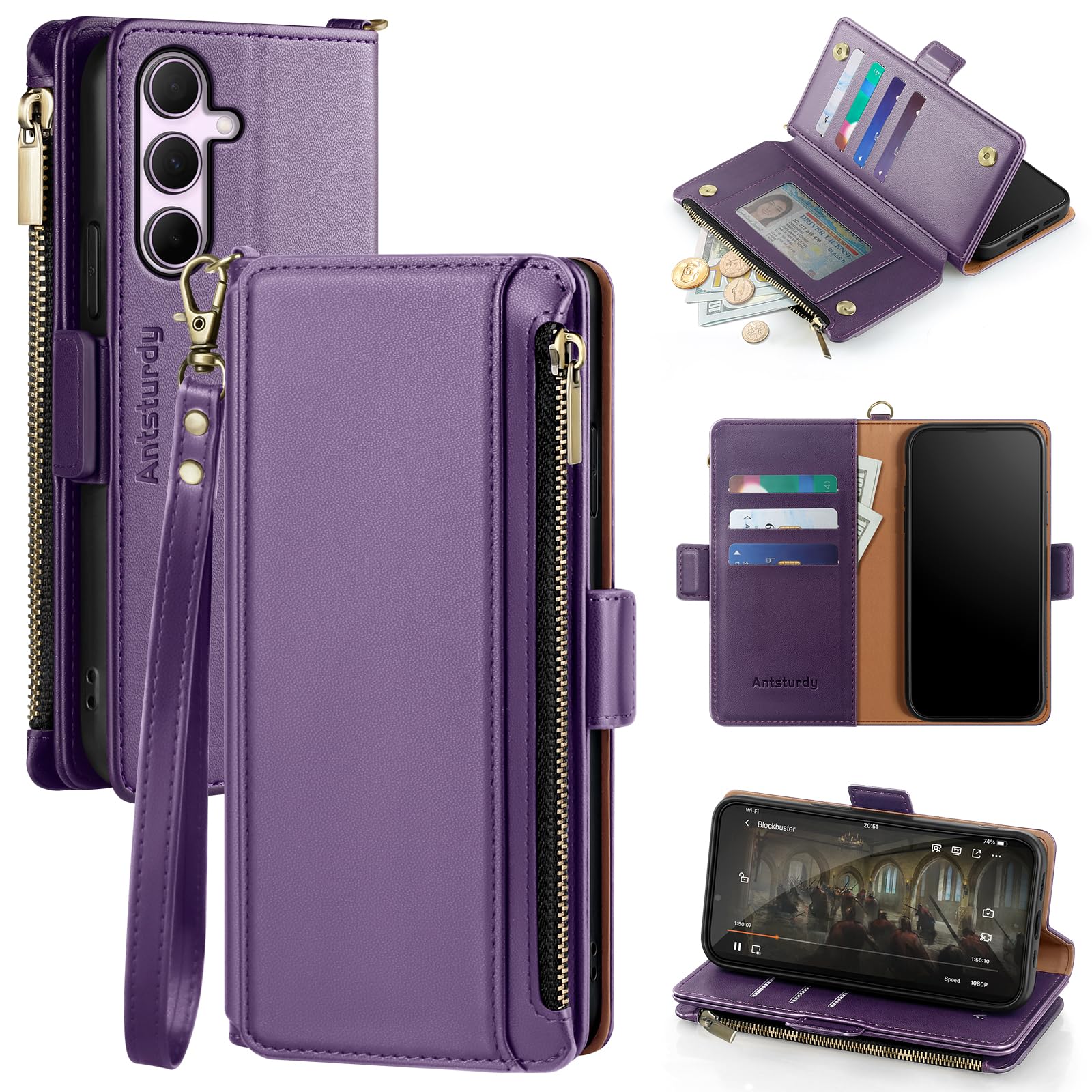 Antsturdy Compatible with Samsung Galaxy A35 5G Case Wallet with Card Holder Women Men Phone Case RFID Blocking PU Leather Flip Protective Cover Wrist