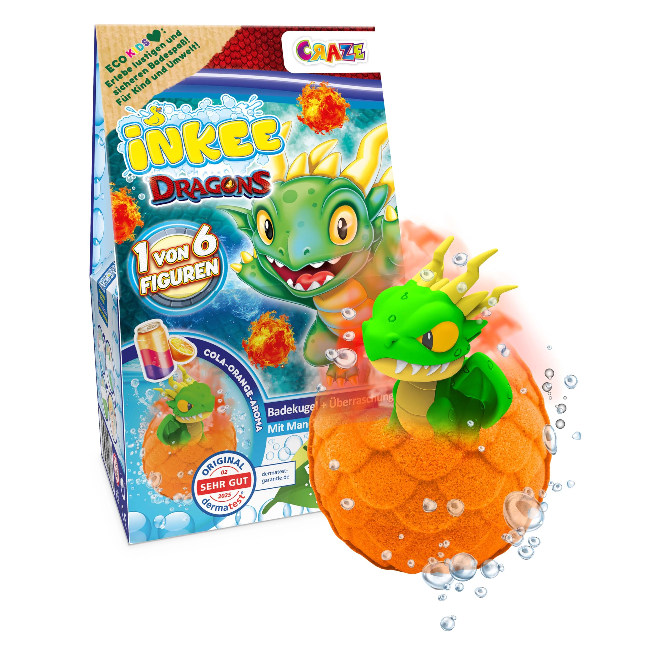 INKEE Surprise Dragons - Badebombe Kinder mit Überraschung, Drachen Spielzeug Figur im Inneren – Badekugel Kinder Cola-Orange Duft – Badespaß Badekugeln mit Überraschung (1x100g)