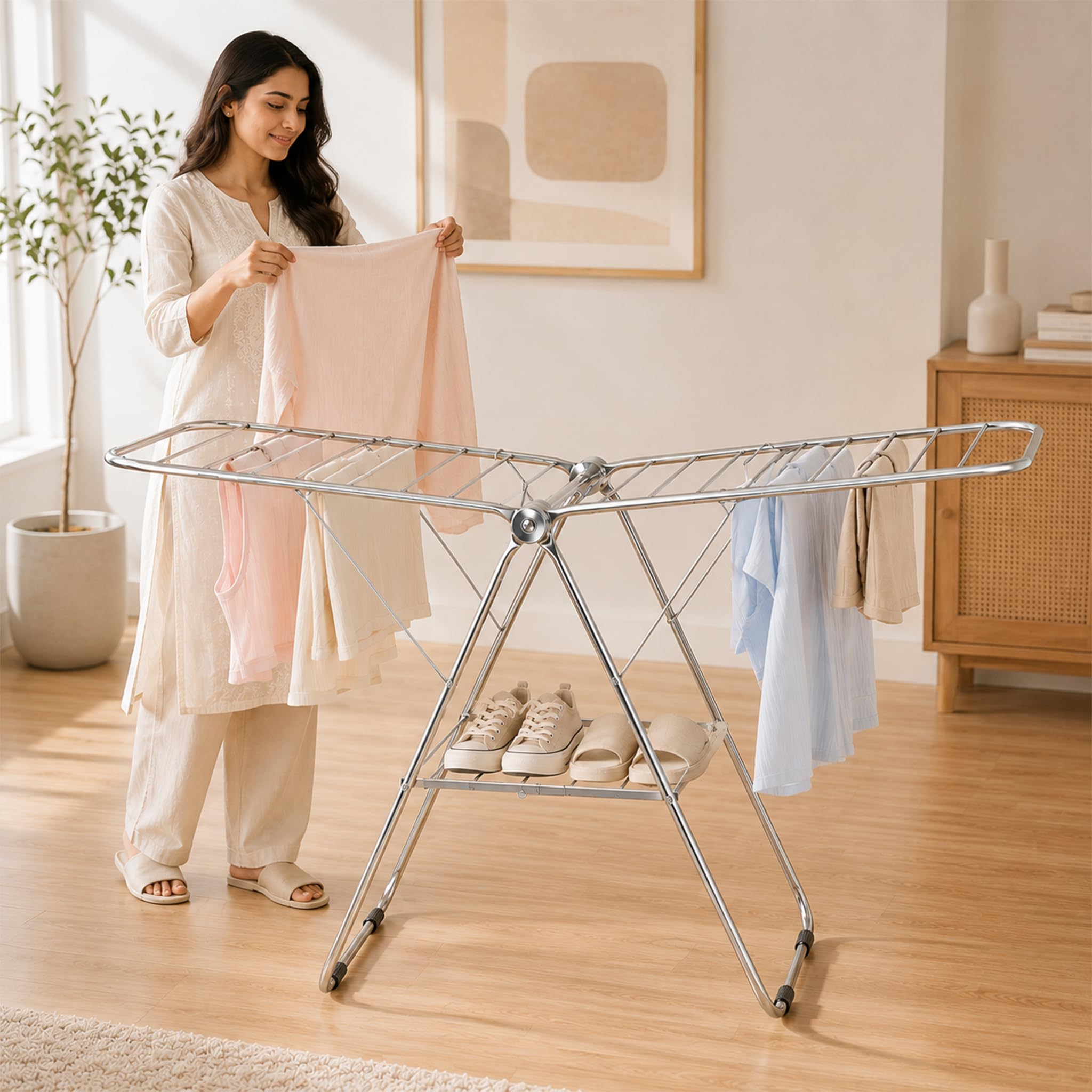 TEX-RO Butterfly Clothes Drying Stand Foldable | Mild Steel Cloth Dryer Stand with Large Drying Rack | Clothes Hanging Stand for Indoor & Outdoor Use | Heavy Duty Cloth Stand for Drying Clothes-image-34