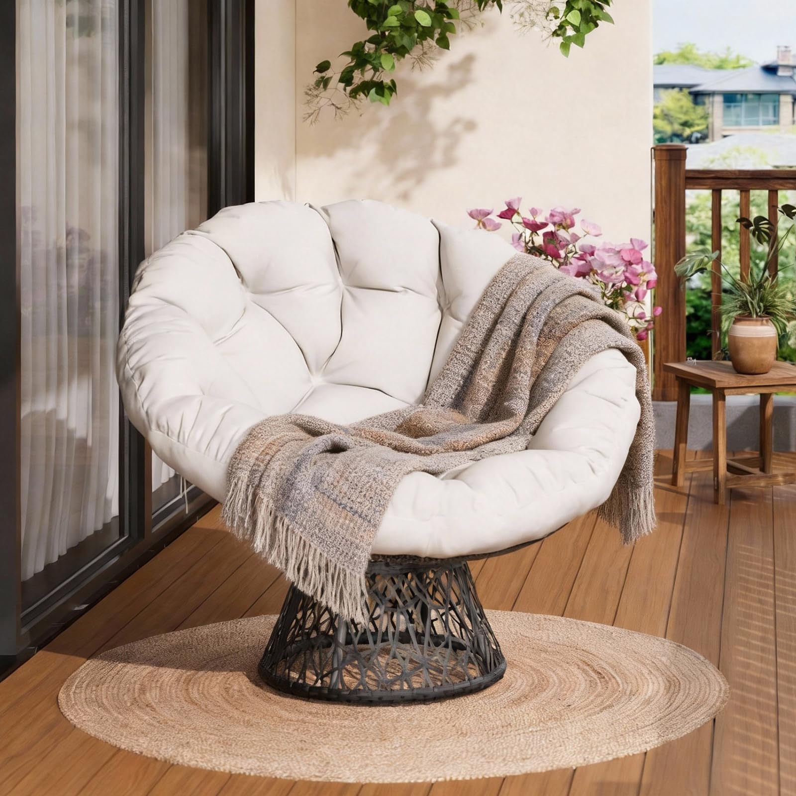 Papasansessel, Bequemer Rattansessel Mit Kissen Rund Durchmesser 124cm, 360° Drehbar Loungesessel Mit Stabiler Stahlrahmen, Gemütlicher Korbsessel, Drehsessel Für Wohnzimmer Balkon Leseecke, Beige-A