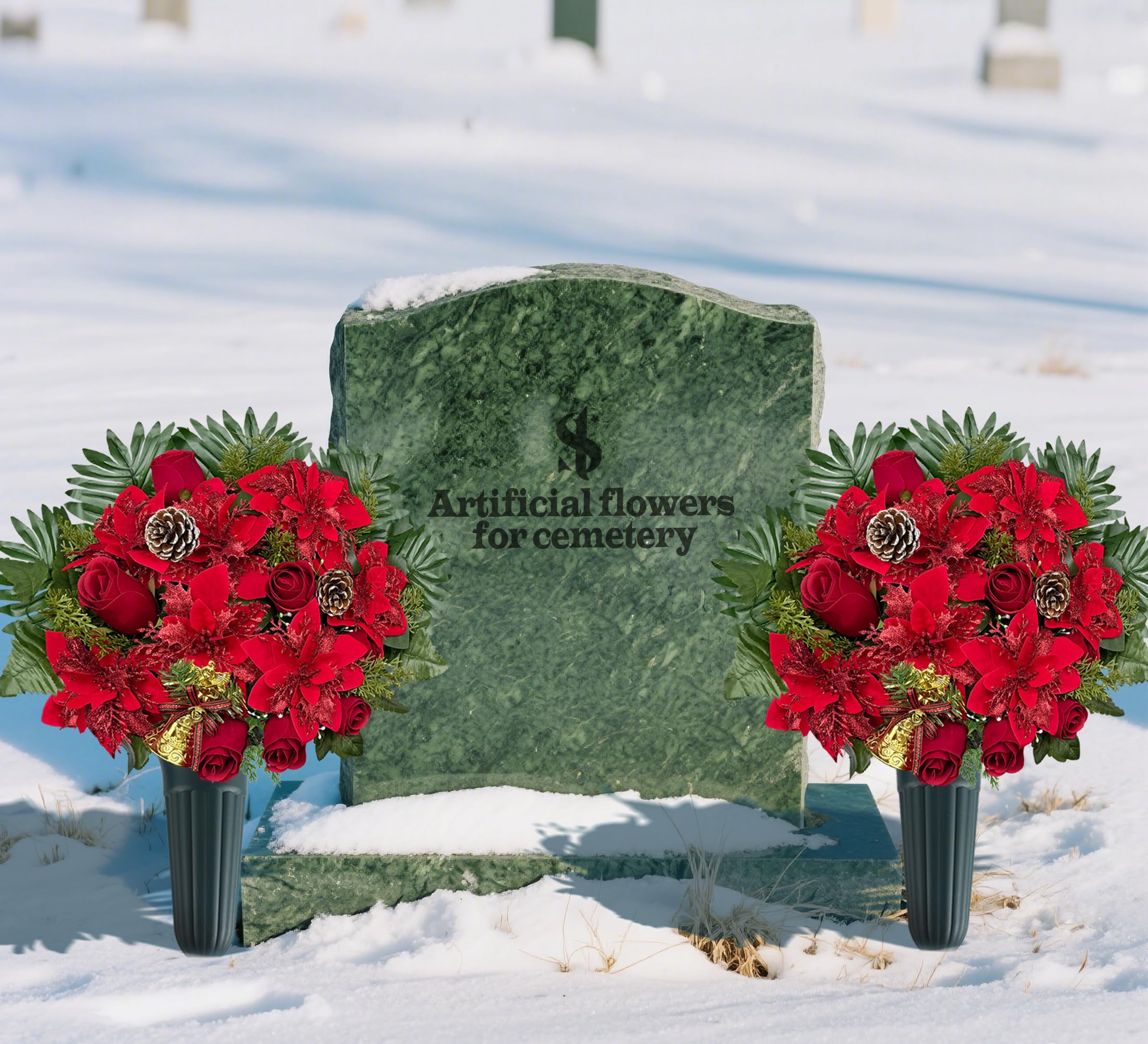 Fleur de tombe artificielle pour cimetière, poinsettia de Noël décorative pour pierre tombale, facile à installer