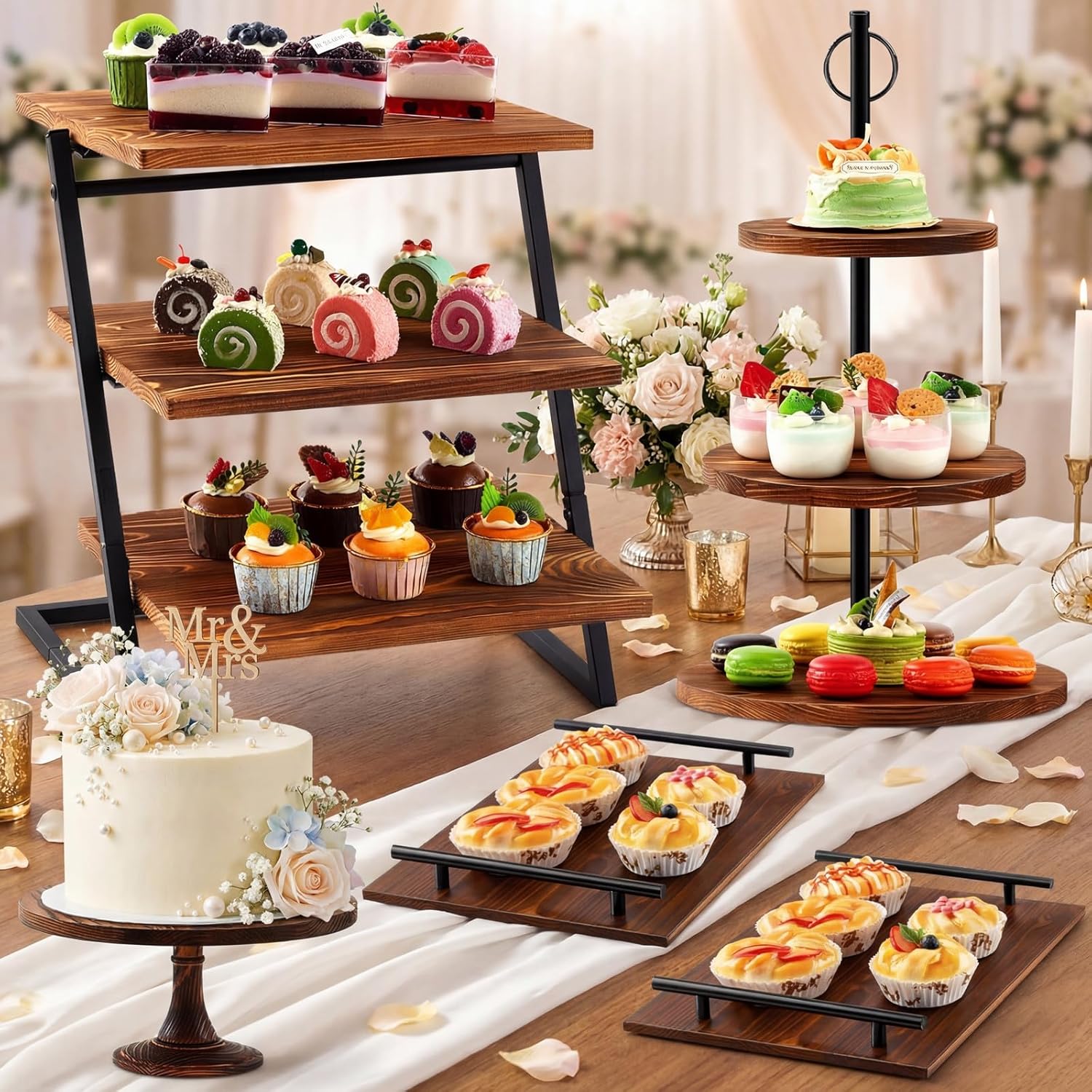 Roowest Wood Dessert Table Display Set of 5 Pcs Cupcake Stands - Desert Table Display Set Holds 200 Cupcakes, Dessert Stands for Farmhouse Rustic Birthday Party Wedding Anniversary