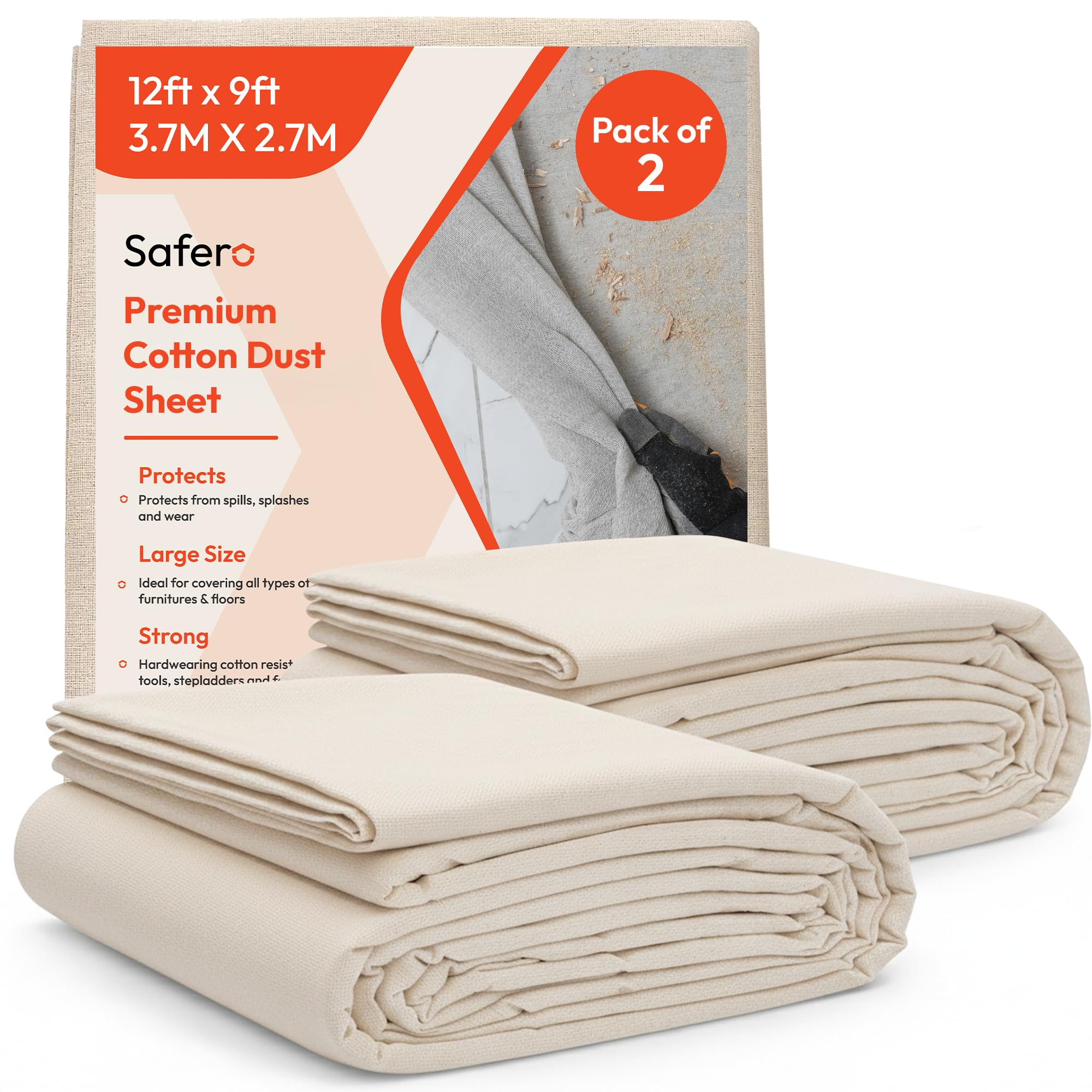 Pack of 2 Premium Cotton Dust Sheets for Decorating & Painting Sized 12 feet x 9 feet (3.6mx2.7m) - Drop Cloth Paint Cover Sheets for Painters, Furniture, Floor, Staircase Reusable and Washable