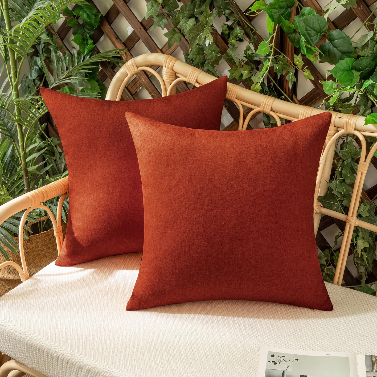 Woaboy Set of 2 Burnt Orange Outdoor Waterproof Throw Pillow Covers Decorative Farmhouse Linen Pillowcases Solid Cushion Cases for Patio Tent Balcony