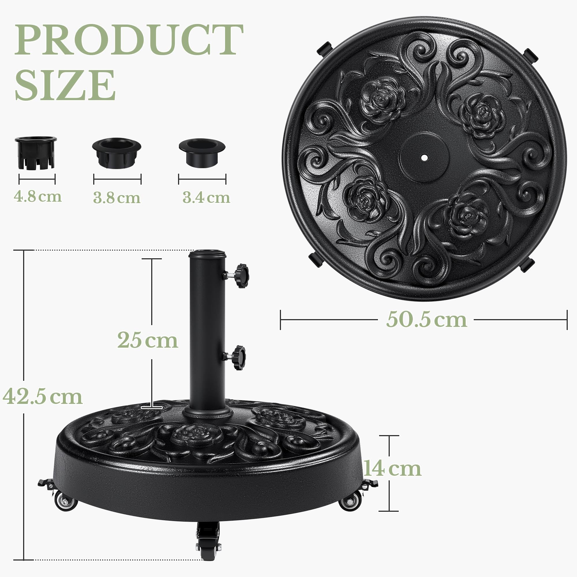 Yaheetech 25 kg Garden Parasol Base with Wheels, Resin Heavy Duty Umbrella Stand Holder, Outdoor Patio Umbrella Base Fits 34/38/48MM Poles with Rose Design Black — view 2