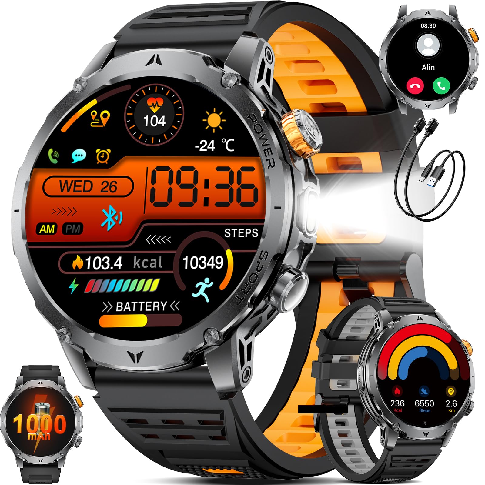 SUNKTA Smartwatch Herren Militär 1000 mAh großer Akku 1,7″ HD Bluetooth Anrufe Smartwatch für iOS Android Fitnessuhr,Herzfrequenz/Schlafmonitor/Schrittzähler,3 Armbänder,2 Ladegeräte,Schwarz Sportuhr
