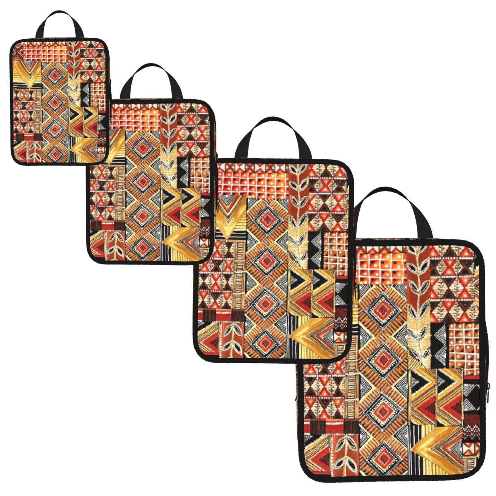 African Textile Patchwork Print 4 Set Compression Packing Cubes for Suitcases,Expandable Storage Bag Organizers