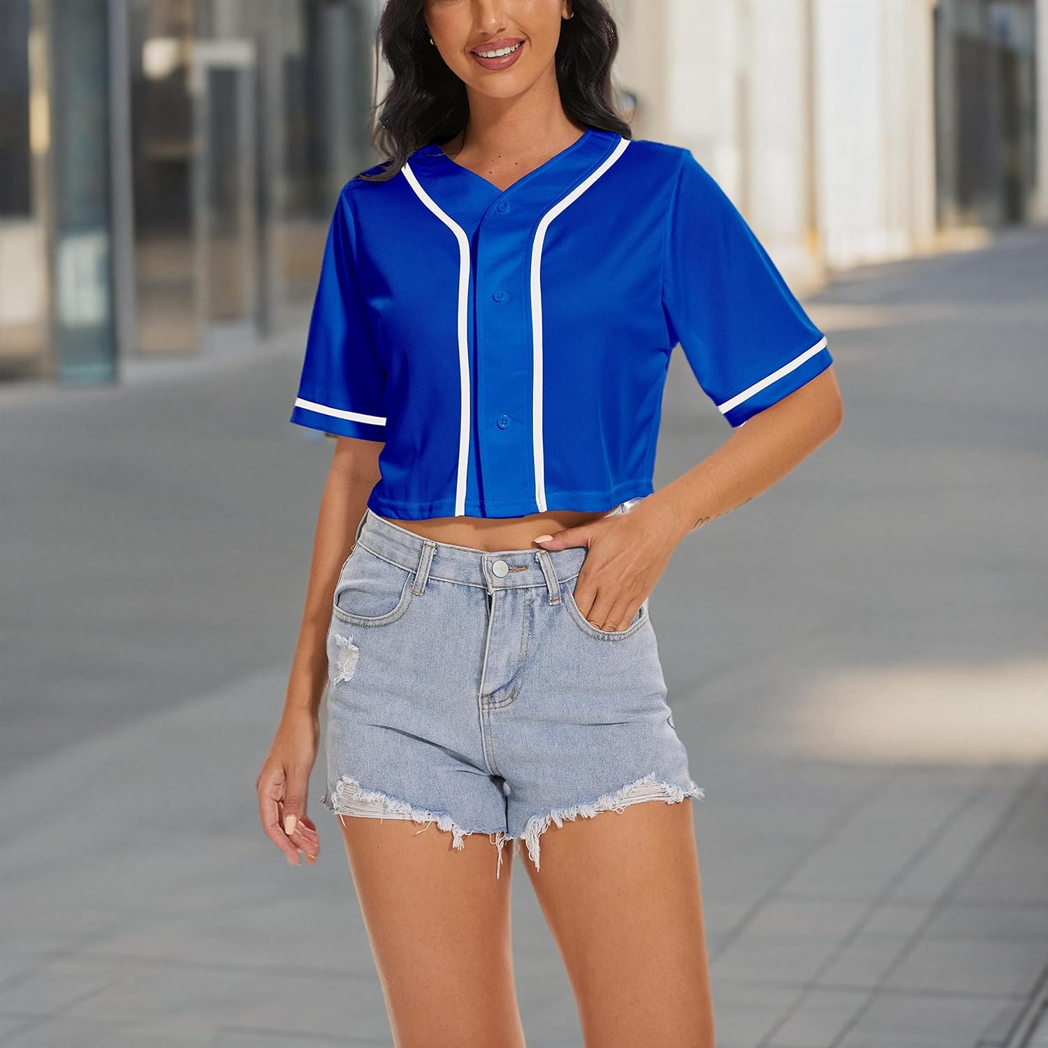 Women's Baseball Jersey Short Crop Tops Blank Button Casual Softball Shirt Activewear Tee Summer Clothing - Image 5