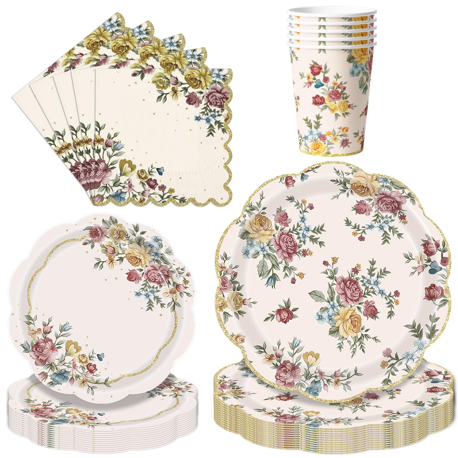 96 Pieces Vintage Floral Party Tableware Set – 23 cm & 18 cm Disposable Plates, Cups and Napkins for Afternoon Tea, Birthdays and Garden Parties