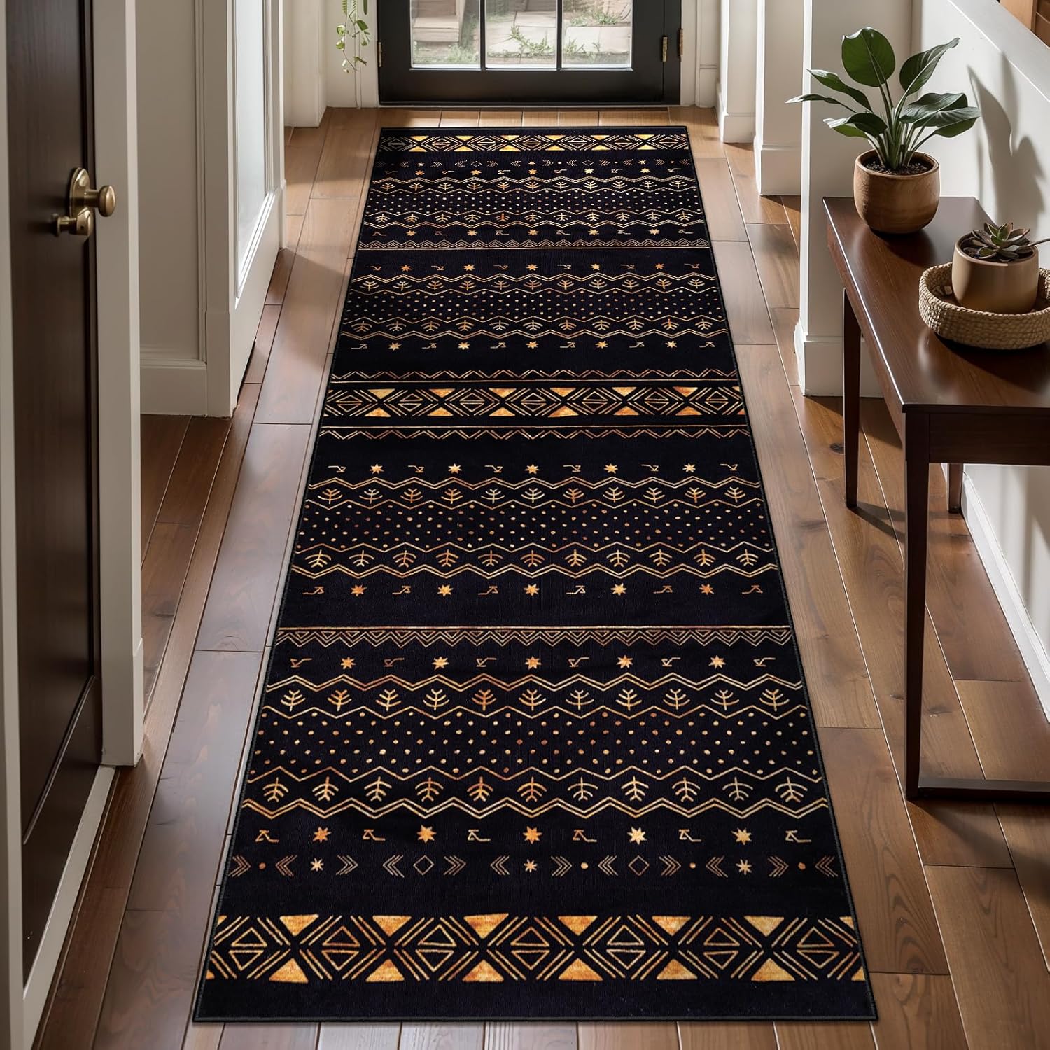 SERISSA 2x5 Kitchen Runner Rug, Washable Non-Slip Black and Gold Boho Rug, Soft Low-Pile Geometric Indoor Carpet for Hallway Laundry Room Bathroom Bedroom Entryway