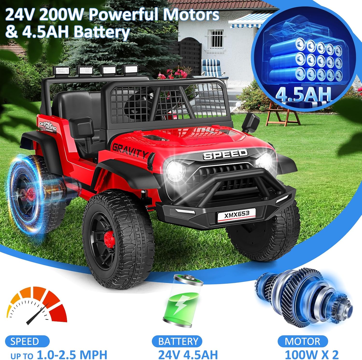 Hikole 24V Ride on Car with Remote Control, Power Car Wheels for Kids, Music Player, Shock Absorption, LED Lights, 3 Speeds, Safety Belt, Electric Car for Girls Boys, Red