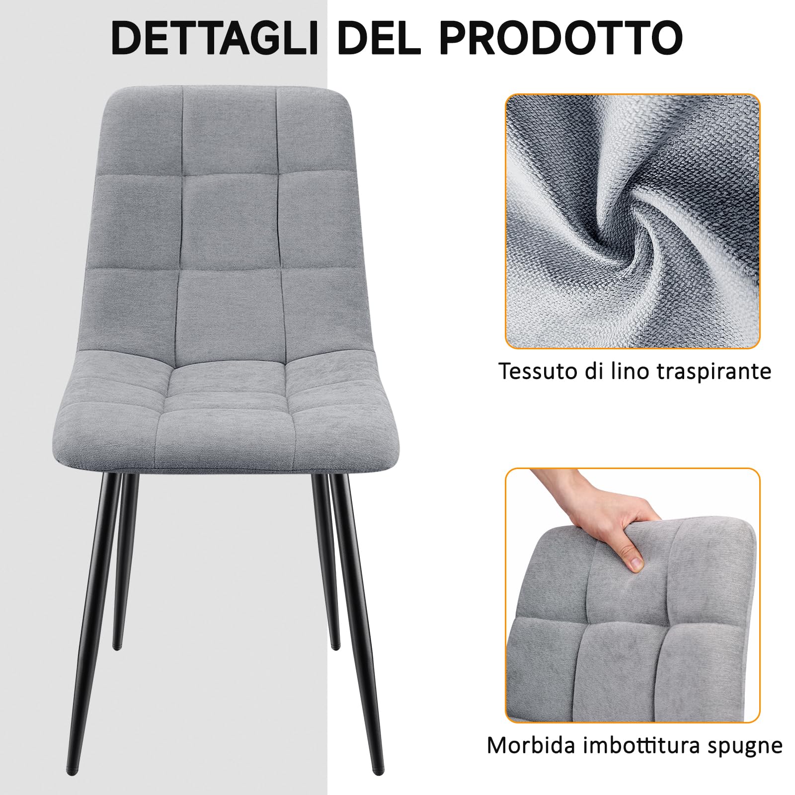 Set di 6 Sedie da Pranzo con Piedi in Metallo Nero, Imbottite con Tessuto di Lino per Cucina, Camera da Letto, Salotto e Soggiorno - Gray