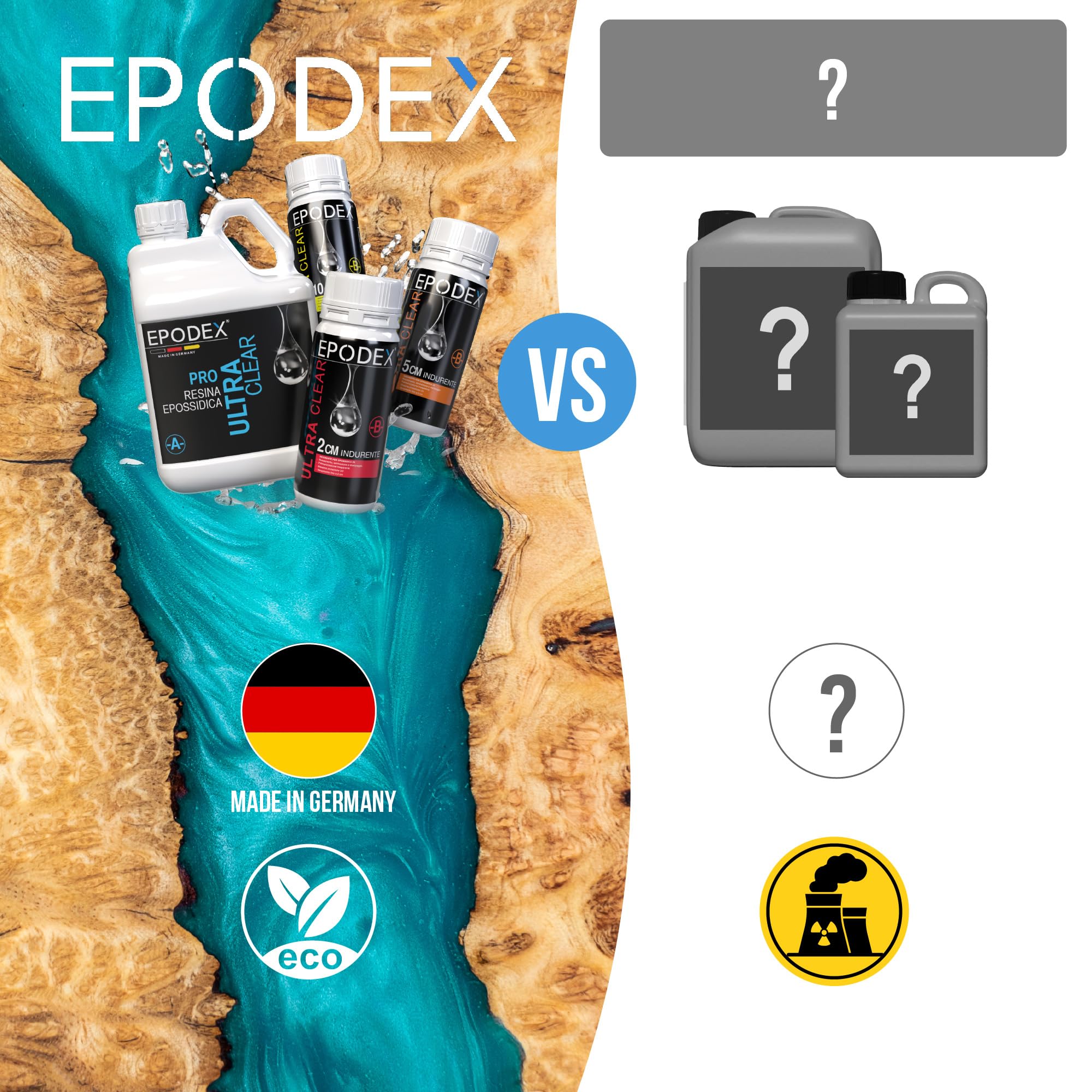 EPODEX Serie PRO, Resina epossidica trasparente kit cristallino per colate fino a 2cm, per rivestimenti, arte, fai da te, river table, lampade, gioielli e altro, 3kg