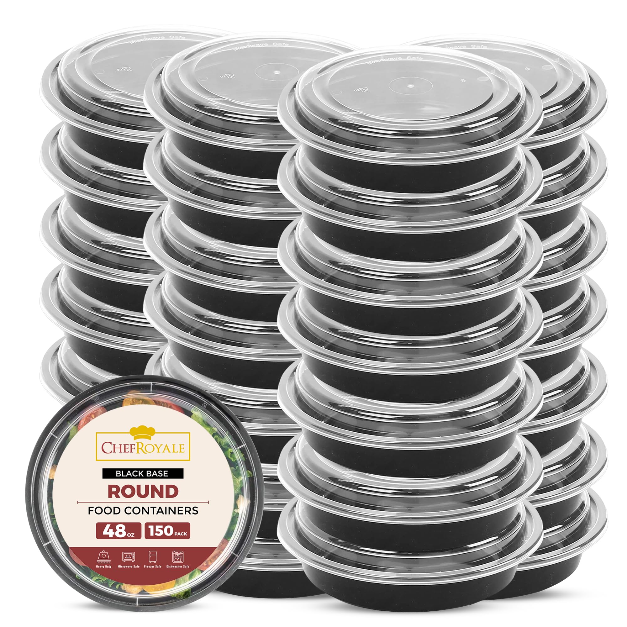 CHEF ROYALE 150x 48oz Round Meal Prep Containers with Lids Reusable Food Containers with Airtight Lids - Microwave & Dishwasher Safe - BPA Free Stackable Lunch Boxes (150, 48oz)