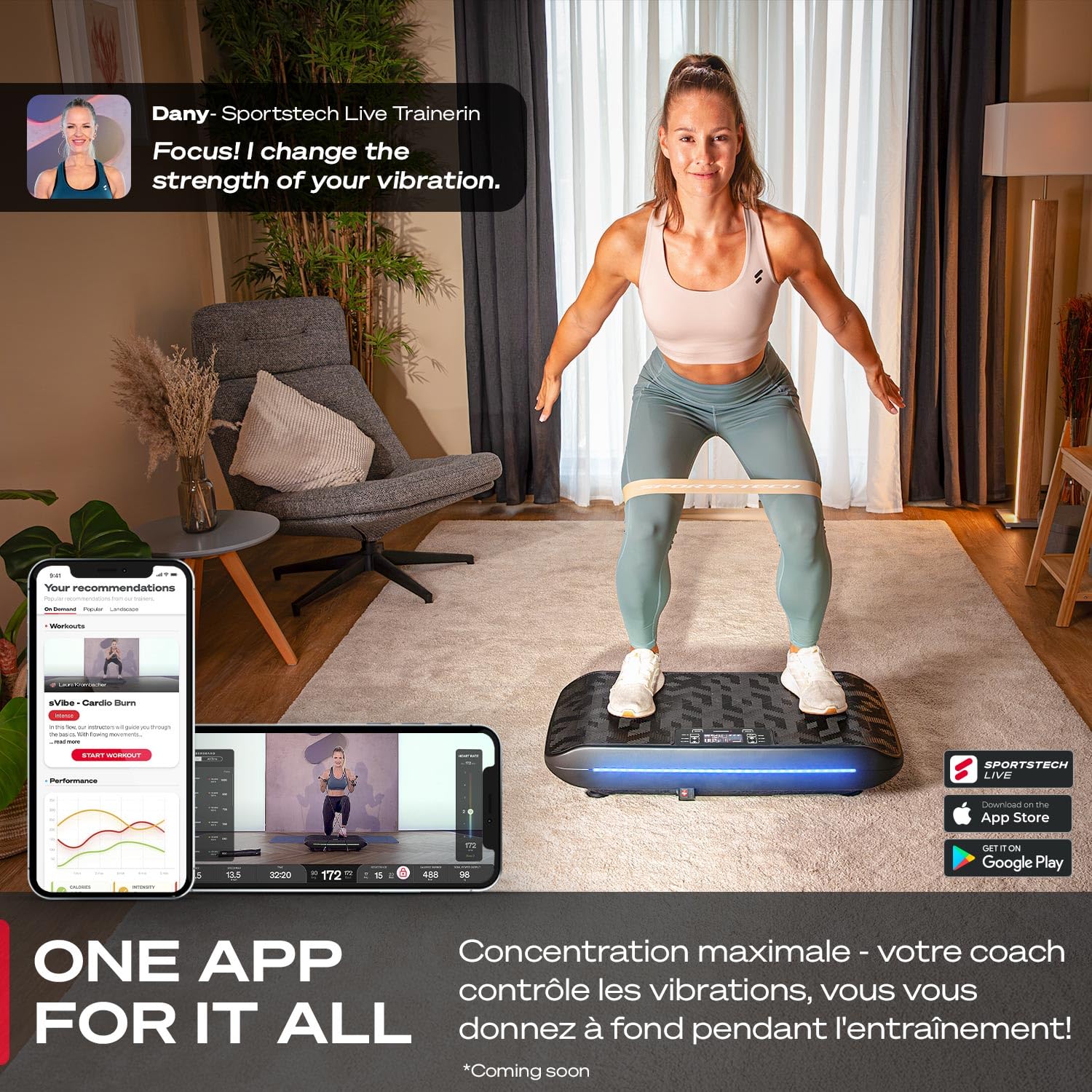 Sportstech sVibe, Plaque Vibrante 4D Maison, 99 Niveaux, avec 1 an d'App STL Incluse, LED Intelligente, Ultra Silencieuse, Design Hexagonal Élégant, Massage, Entraînement Abdos Jambes Fessiers, App