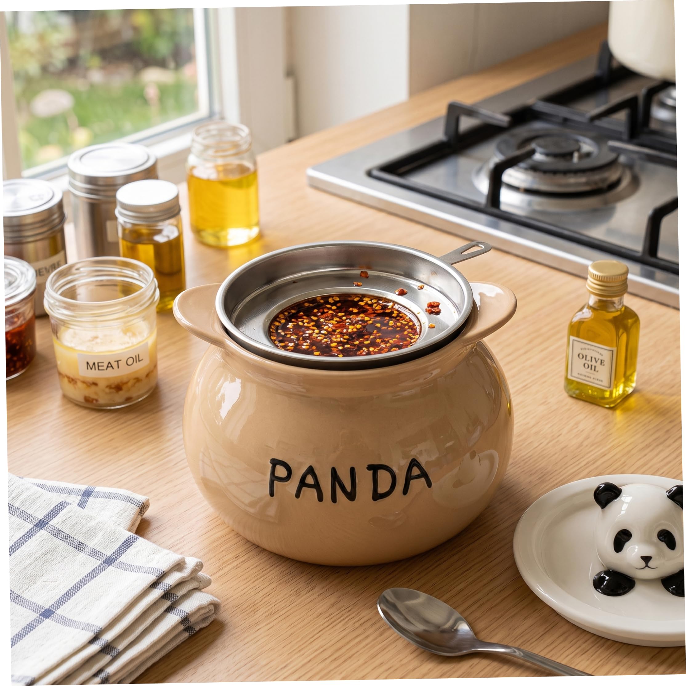 Contenedor de grasa de cerámica para cocina, bonito recipiente con filtro de aceite con colador