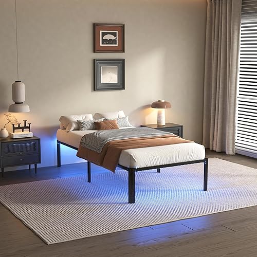 Miniatura 9 de Base de cama Queen con luces LED, plataforma de metal resistente de 14 pulgadas, marco de cama tamaño Queen con estación de carga, no necesita